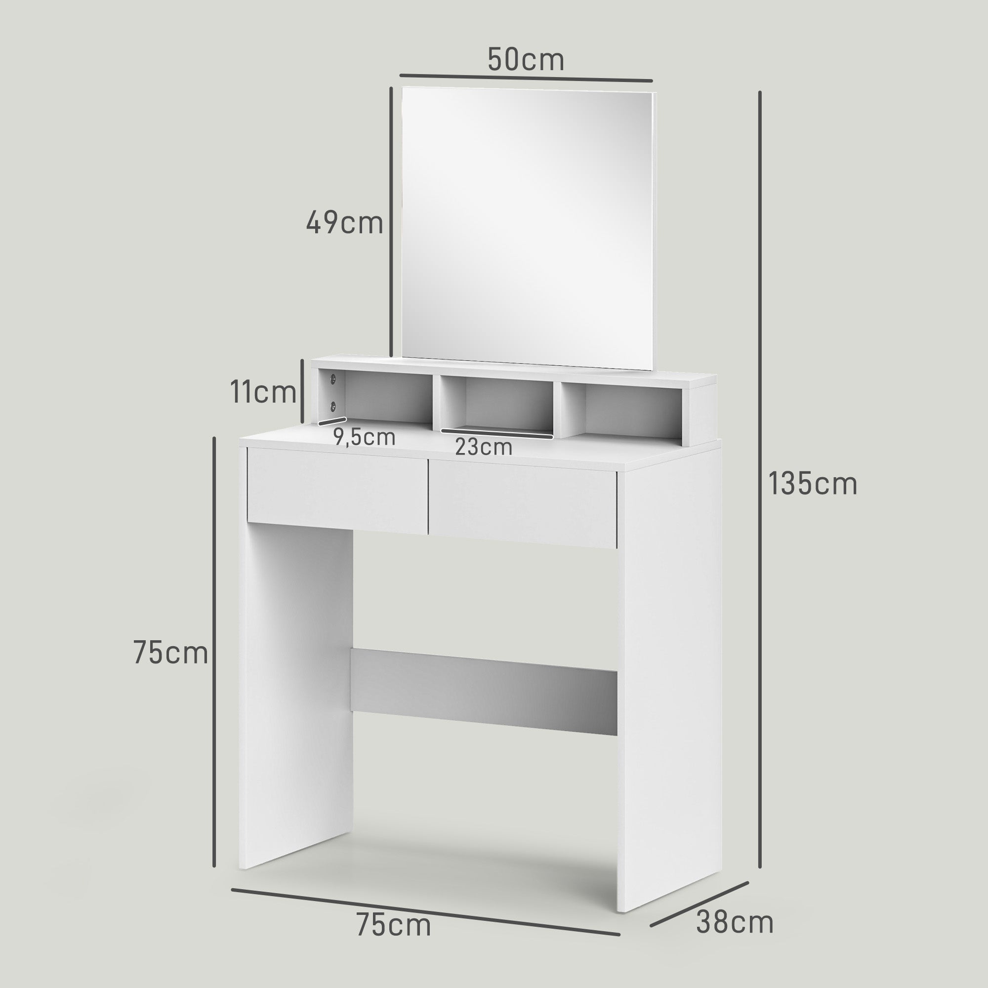 Makeup Vanity with Mirror Dressing Table with 2 Drawers 3 Compartments Vanity Table for Bedroom 75x38x135 cm White