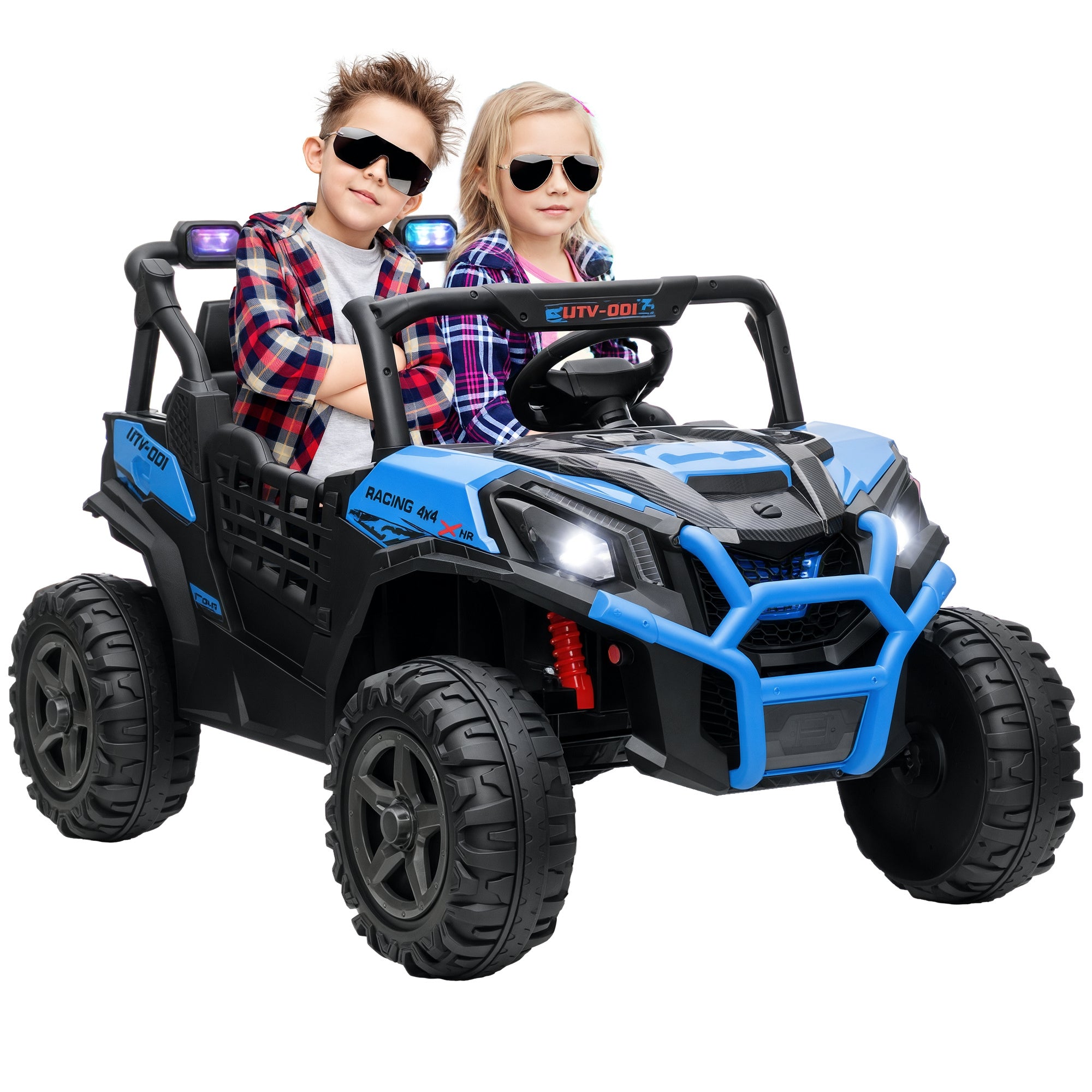 Kids Electric Car for 3-8 Years 24V SUV 2 Seats, 3-8km/h Kids Electric Car with 2 Motors, Suspension, Remote Control, Music, Headlights, Safety Belt, and Horn, Blue