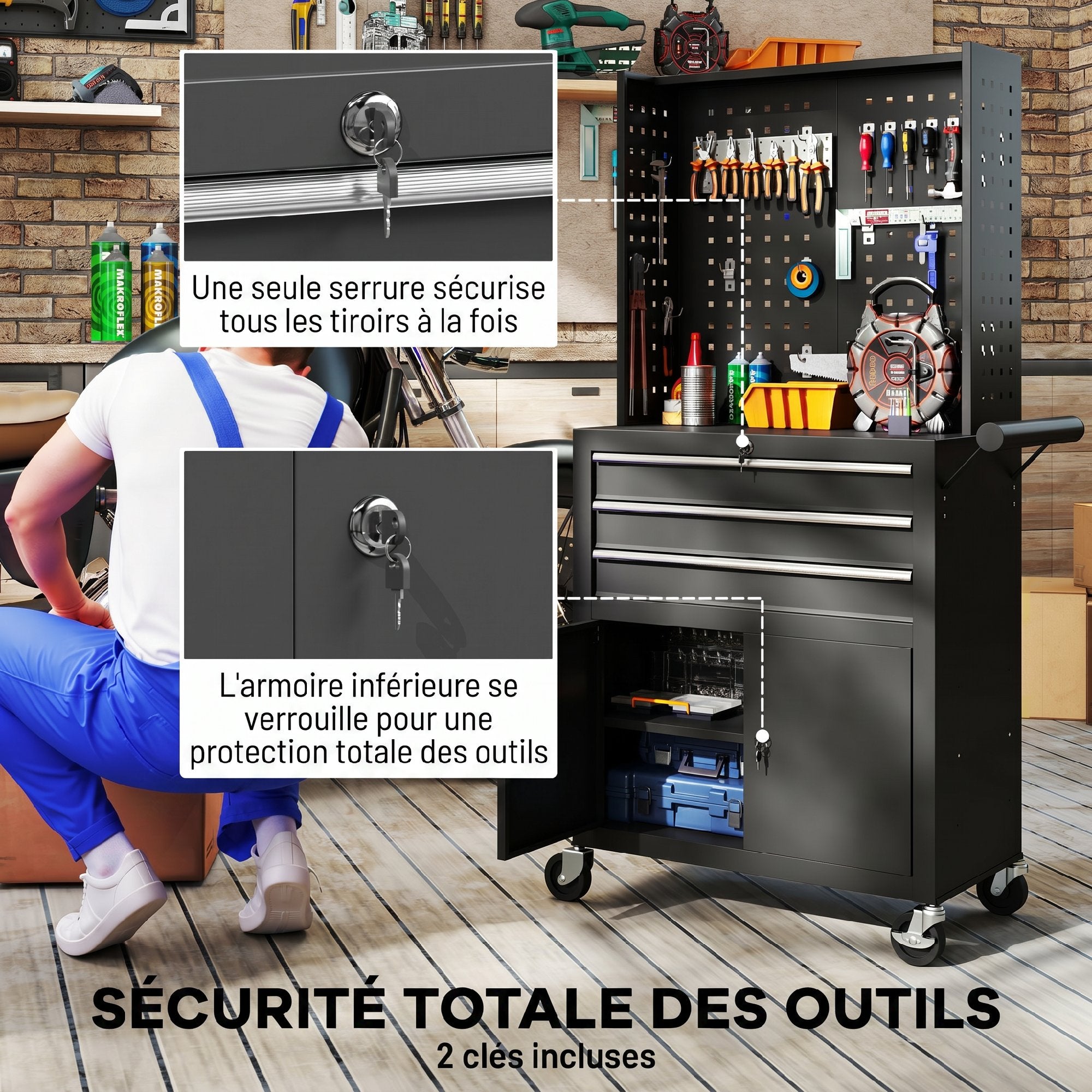 3-Drawer Steel Workshop Cart with Lockable Wheels, Adjustable Shelf & Pegboard - Black