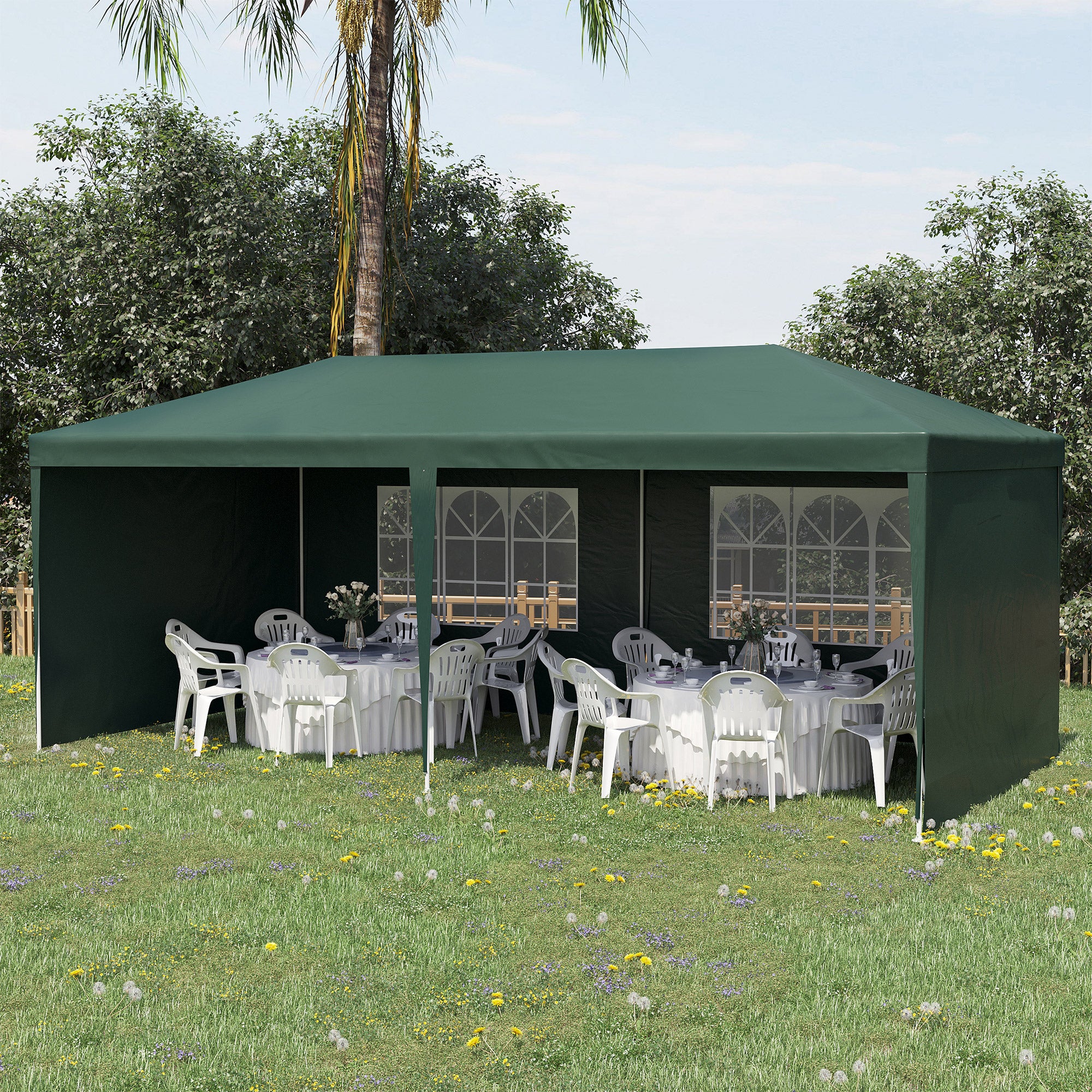 Garden Gazebo 6x3 m Pavilion with 4 Side Walls and 2 Visible Anti-UV Waterproof Windows Canopy Gazebo with Steel Frame for Parties Events Weddings Green