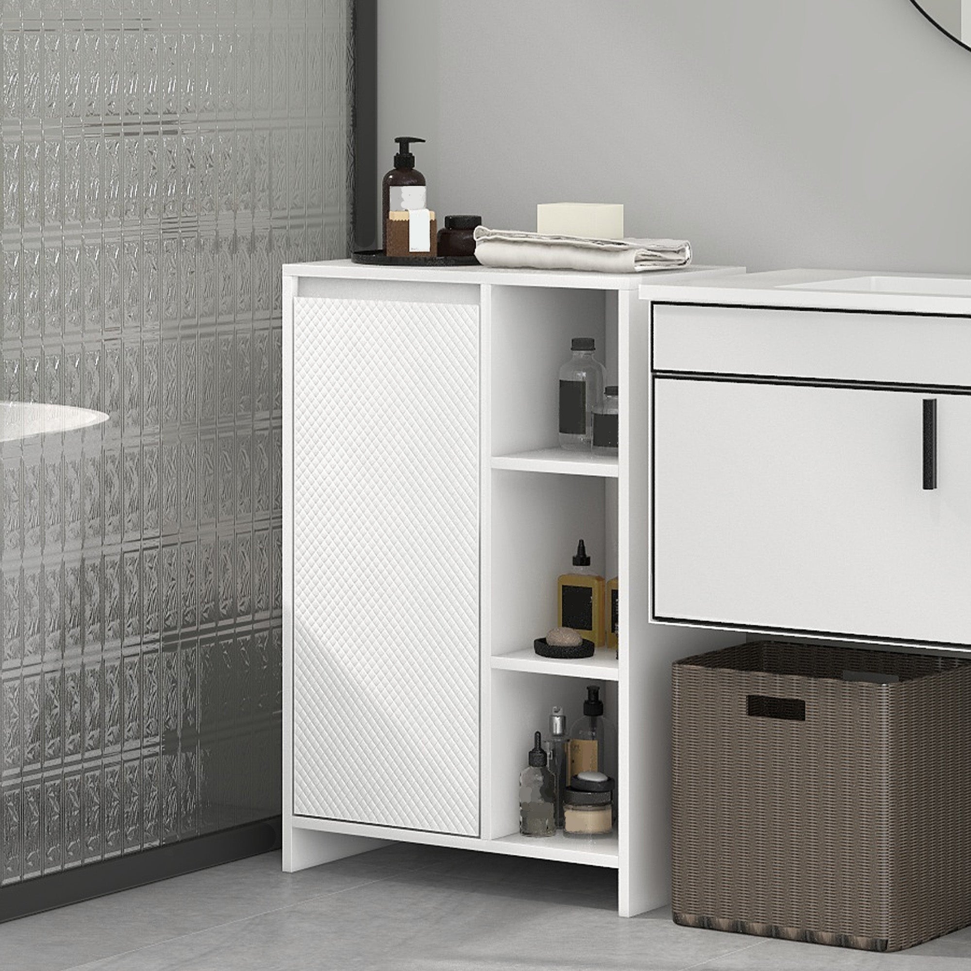Bathroom Cabinet, Storage Furniture with 3 Open Compartments, 1 Cabinet with Adjustable Shelf, 53 x 30 x 80 cm, White