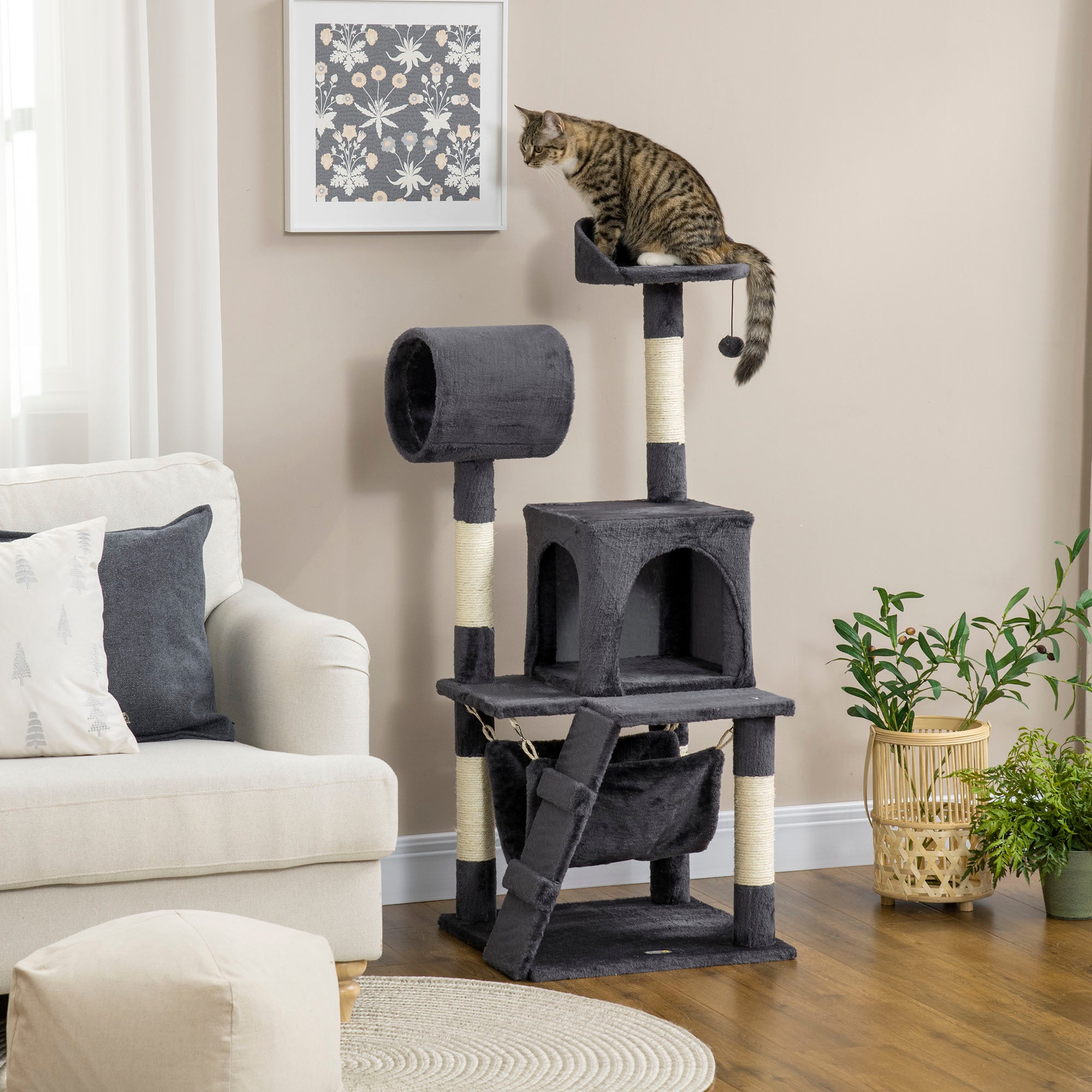 Particle Board, Plush and Sisal Cat Tree with Scratching Post, Cat House, Hammock, Bed, Tunnel, and Toy Ball, 48x48x125cm, Dark Grey