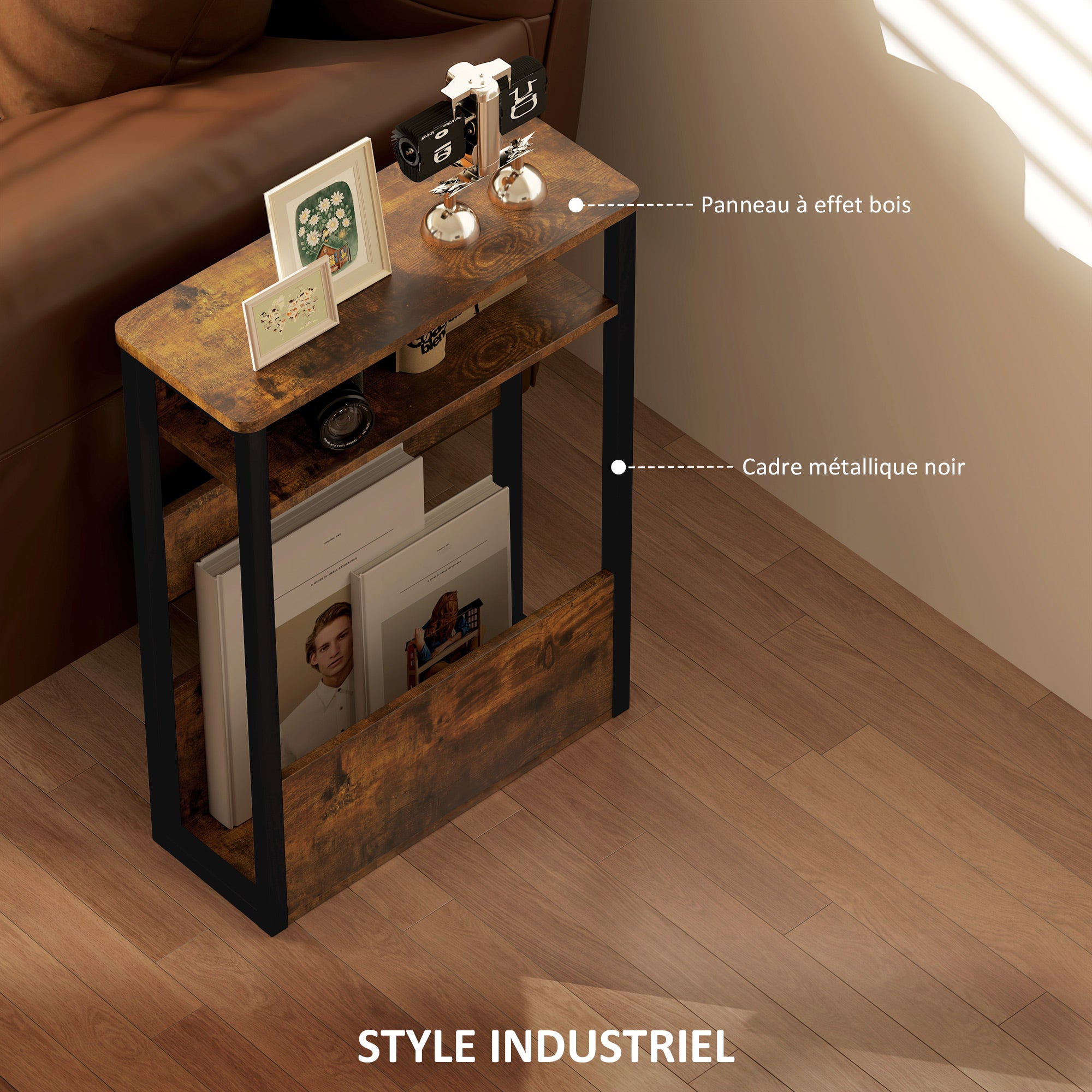 Side Table, Bedside Table, End Table, with Two-Tier Shelf, Rounded Corners, Adjustable Feet, for Bedroom, Living Room, 46 x 18 x 58.5 cm, Rustic Brown