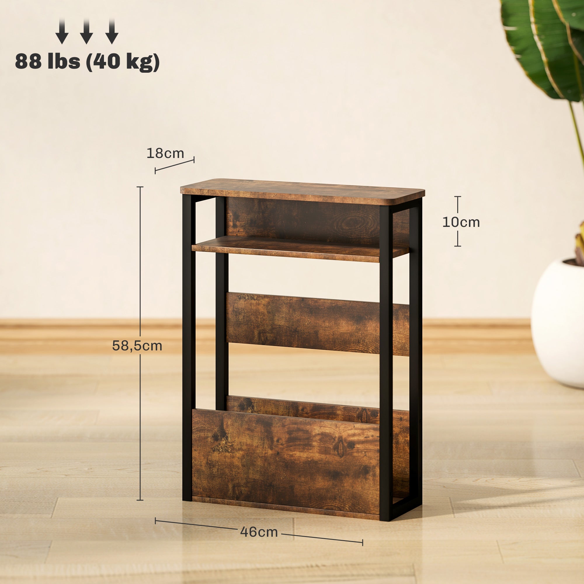Side Table, Bedside Table, End Table, with Two-Tier Shelf, Rounded Corners, Adjustable Feet, for Bedroom, Living Room, 46 x 18 x 58.5 cm, Rustic Brown