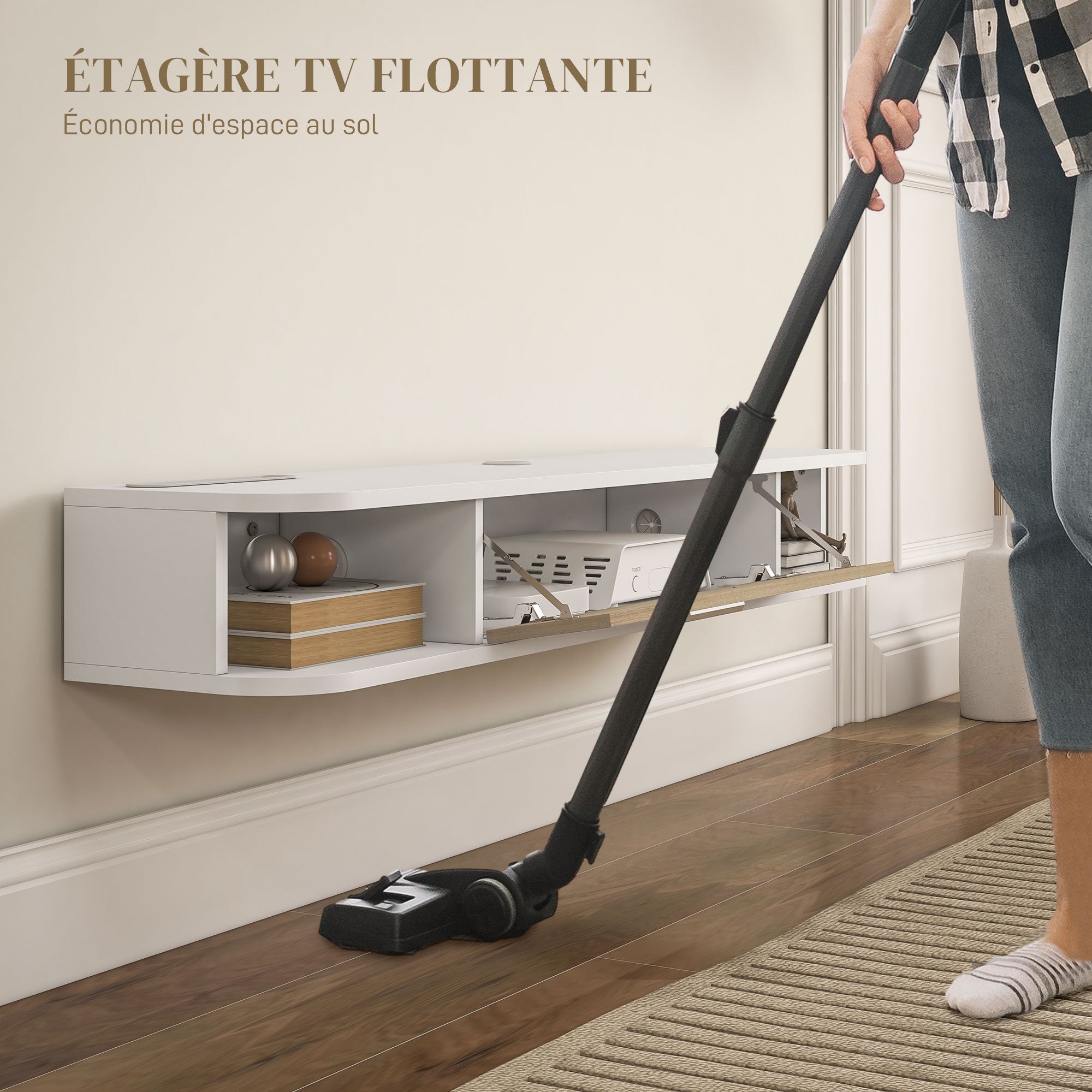 Wall-mounted TV stand TV cabinet for TVs up to 50 inches with 2 open compartments and flip-down door cupboard 120L x 26W x 16H cm White