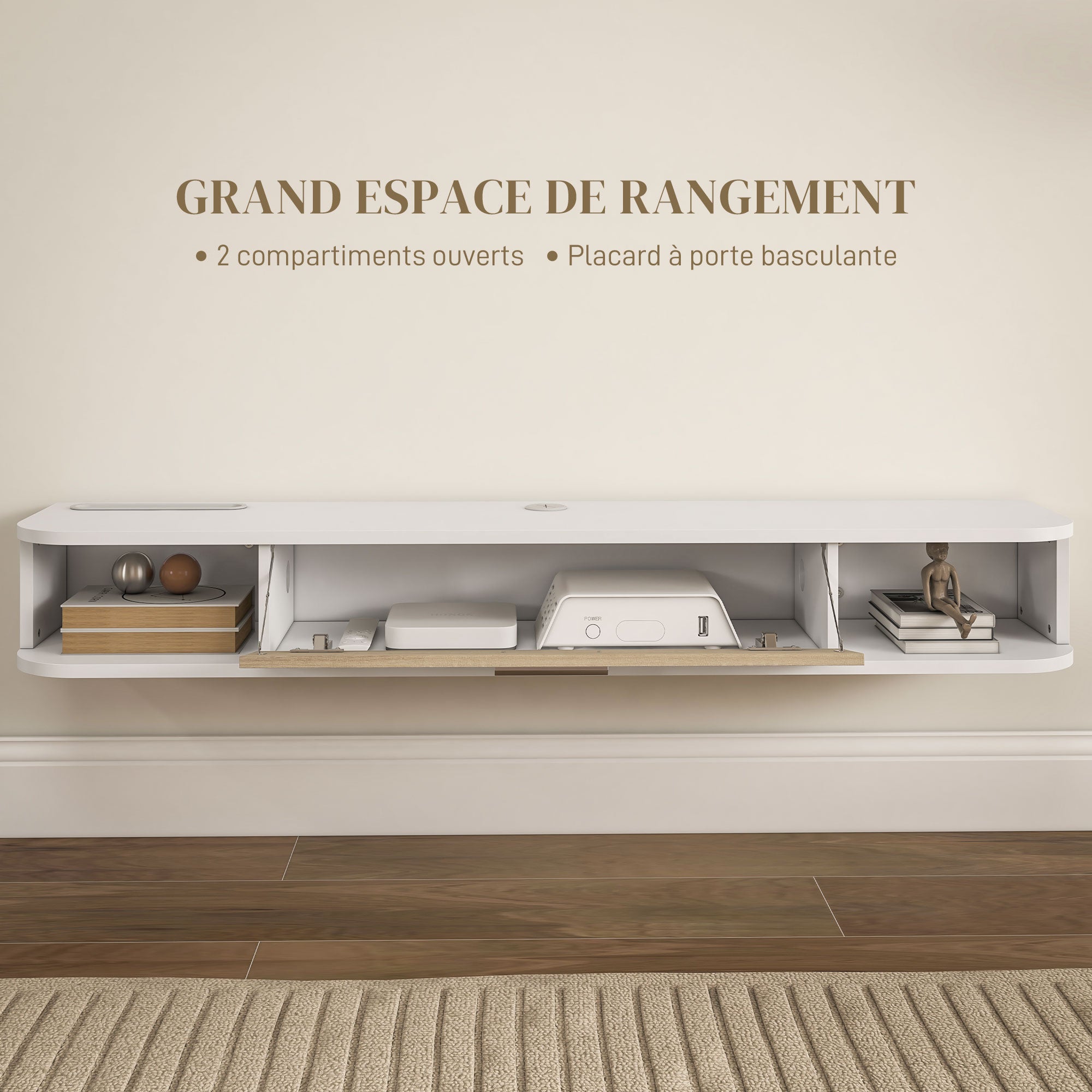 Wall-mounted TV stand TV cabinet for TVs up to 50 inches with 2 open compartments and flip-down door cupboard 120L x 26W x 16H cm White