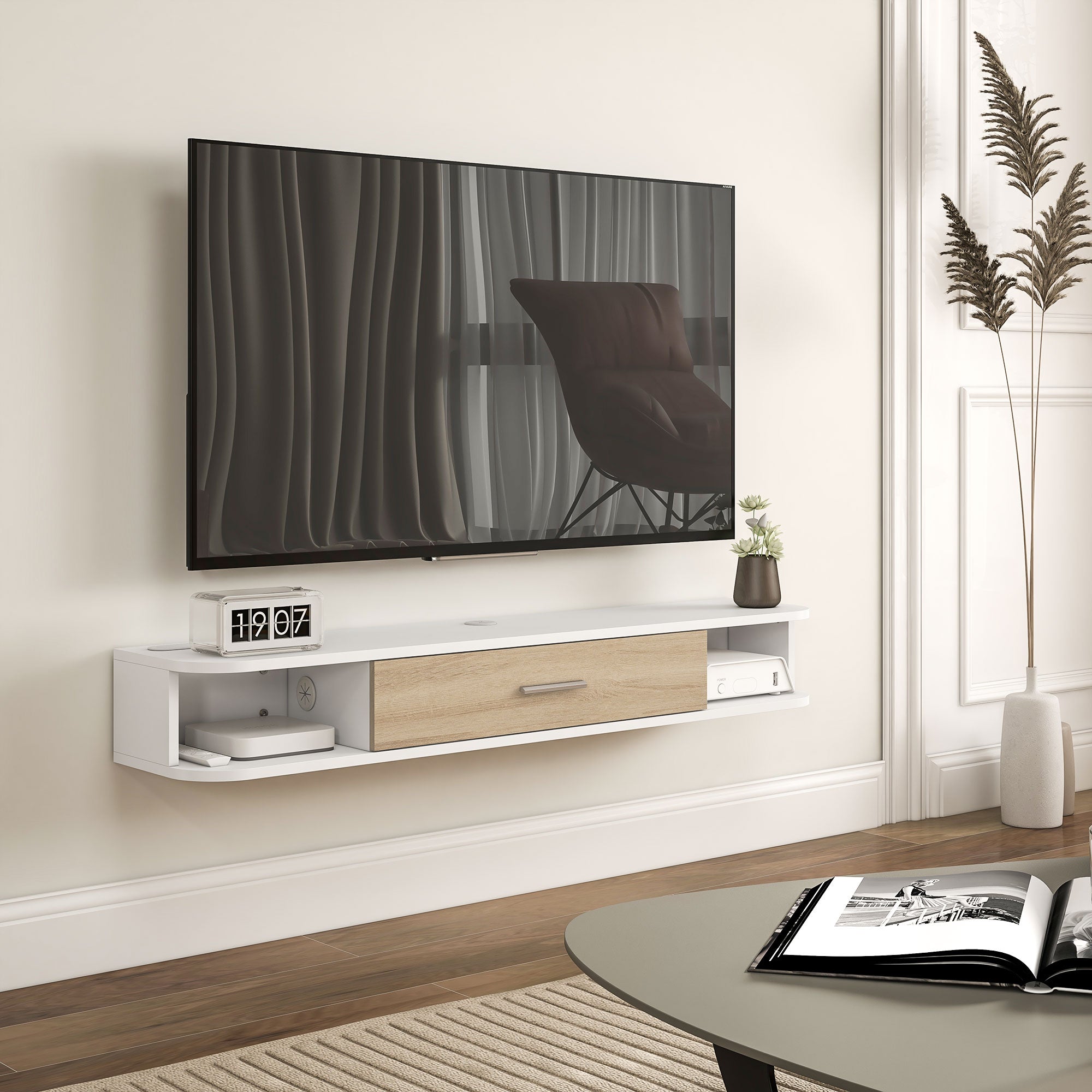 Wall-mounted TV stand TV cabinet for TVs up to 50 inches with 2 open compartments and flip-down door cupboard 120L x 26W x 16H cm White