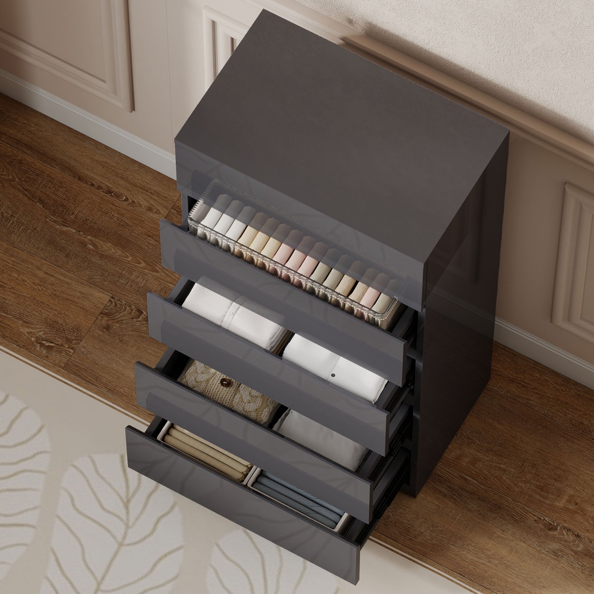 5-Drawer High-Gloss Dresser with Soft-Close Drawers, Handleless Modern Chest for Bedroom, Living Room or Hallway — 20.9 × 13.4 × 39.4 in (Gray)