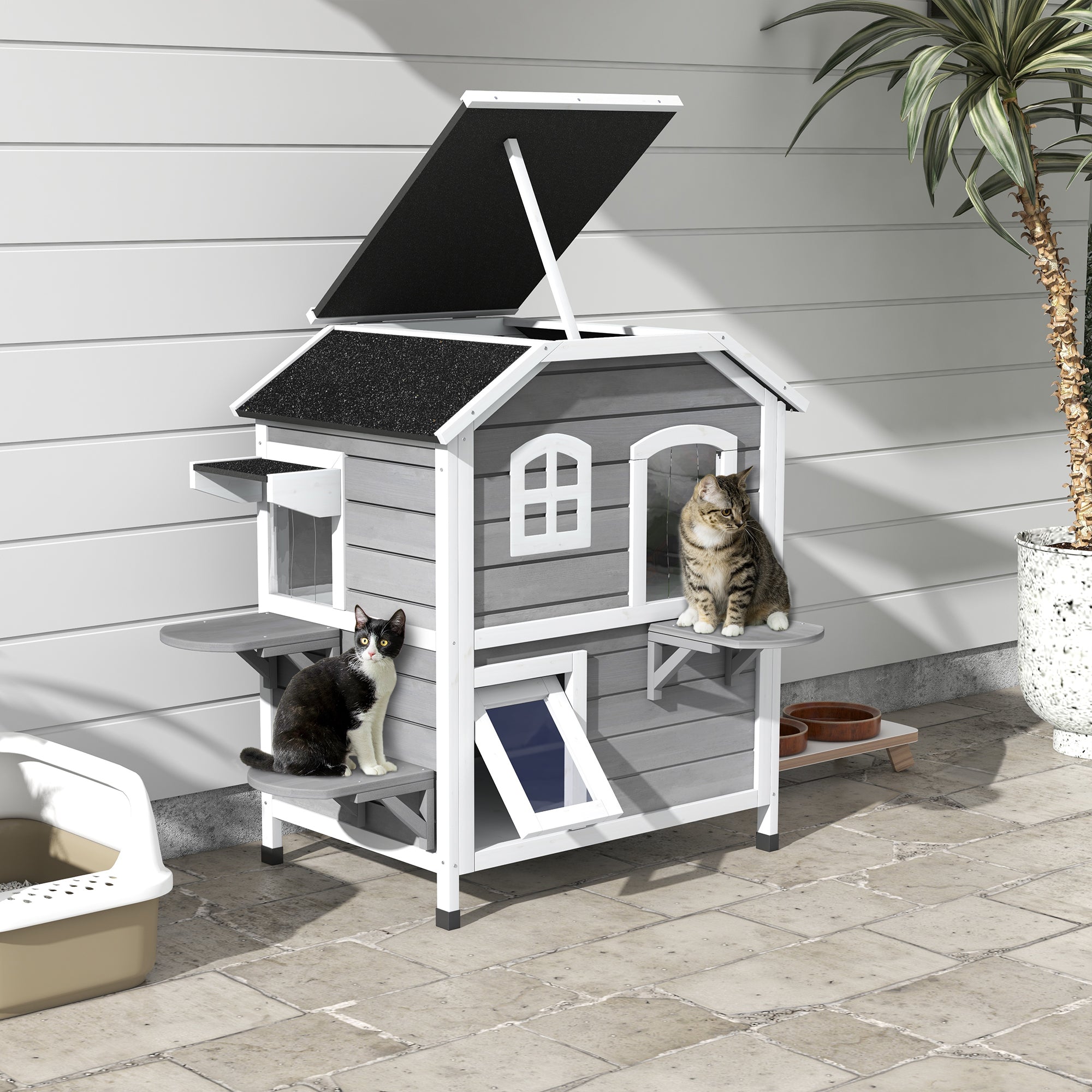 Wooden Cat House 2 Floors Winterproof Waterproof Cat Shelter with Asphalt Roof Foldable Lid Stairs Cat Cave Outdoor Shelter for Outdoor Garden Balcony 78 x 55.5 x 91 cm Grey