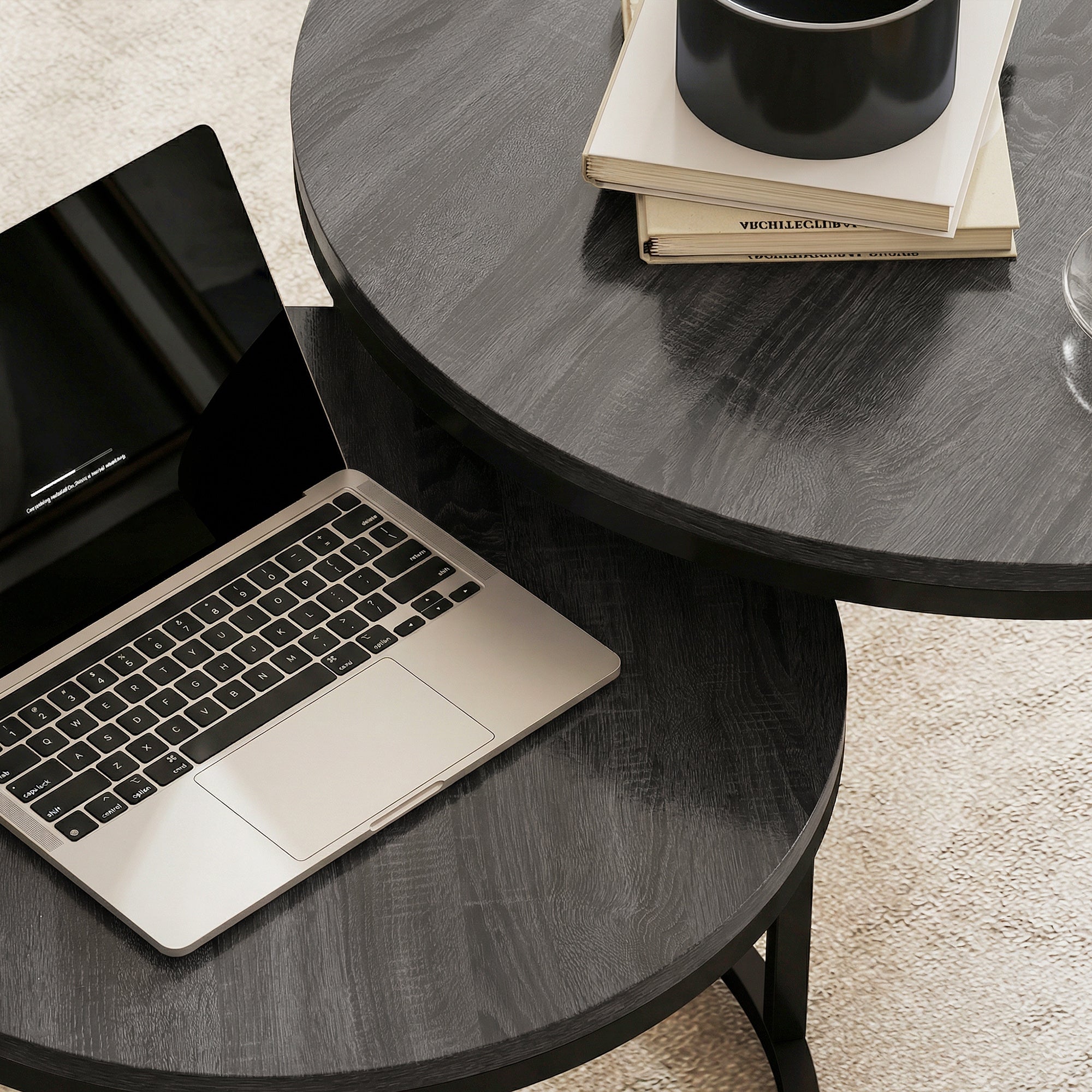 2-Piece Round Nesting Coffee Table Set with Metal Frame, Wood-Effect Tops, Black — 31.0 x 31.0 x 18.3 in