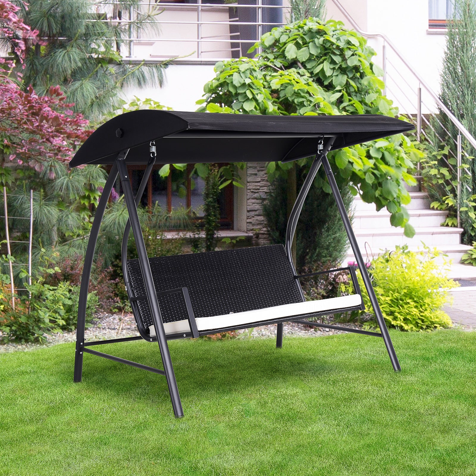 Hollywood Swing 3-Seater made of Polyrattan Garden Swing with Adjustable Sunroof Sun Protection Seat Cushion Hanging Bench up to 360 kg load-bearing Swing for Garden 198x124x179cm Black