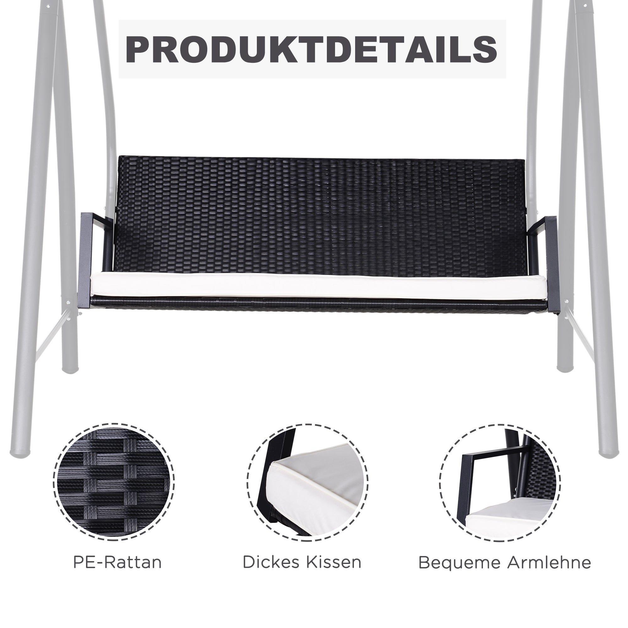 Hollywood Swing 3-Seater made of Polyrattan Garden Swing with Adjustable Sunroof Sun Protection Seat Cushion Hanging Bench up to 360 kg load-bearing Swing for Garden 198x124x179cm Black