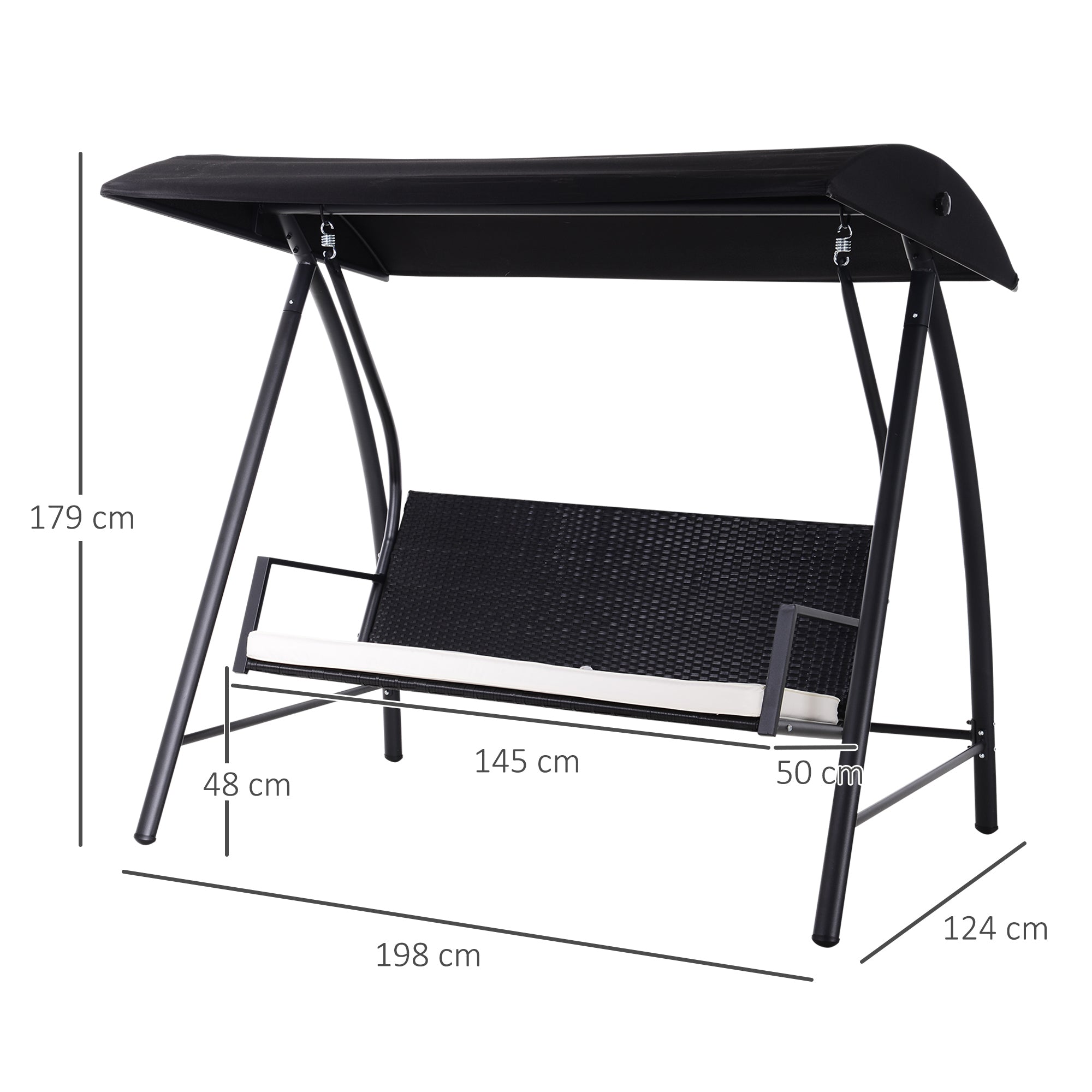 Hollywood Swing 3-Seater made of Polyrattan Garden Swing with Adjustable Sunroof Sun Protection Seat Cushion Hanging Bench up to 360 kg load-bearing Swing for Garden 198x124x179cm Black