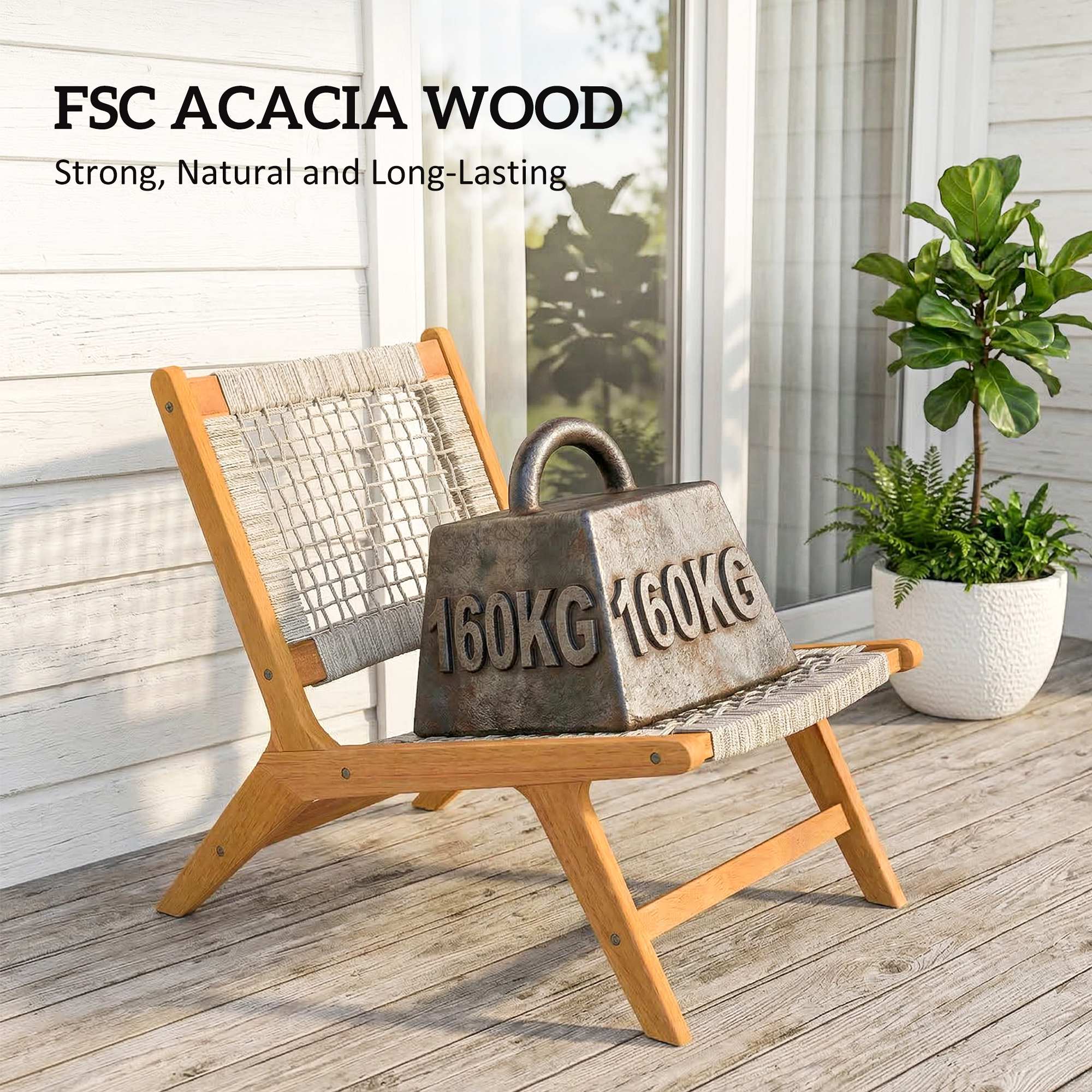 2-Piece Acacia Wood Outdoor Lounge Chair with Ottoman – FSC-Certified, Polyrattan Rattan Seat, Boho Style, Adjustable Feet, Beige (350 lb)