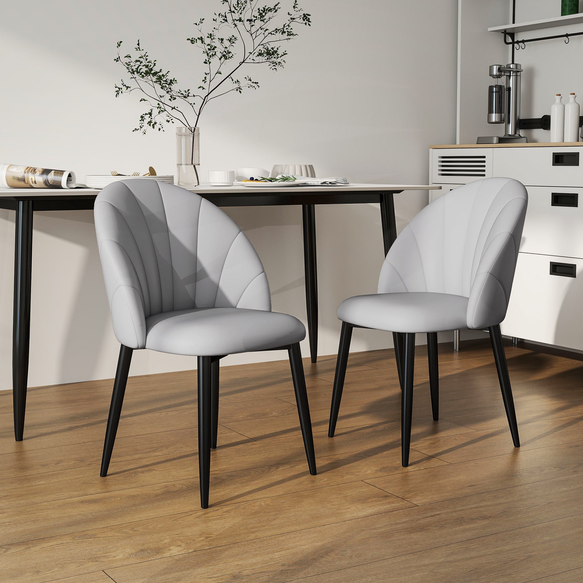 Set of 2 dining chairs made of PU leather, kitchen and living room chairs with steel legs and shell back, Light gray