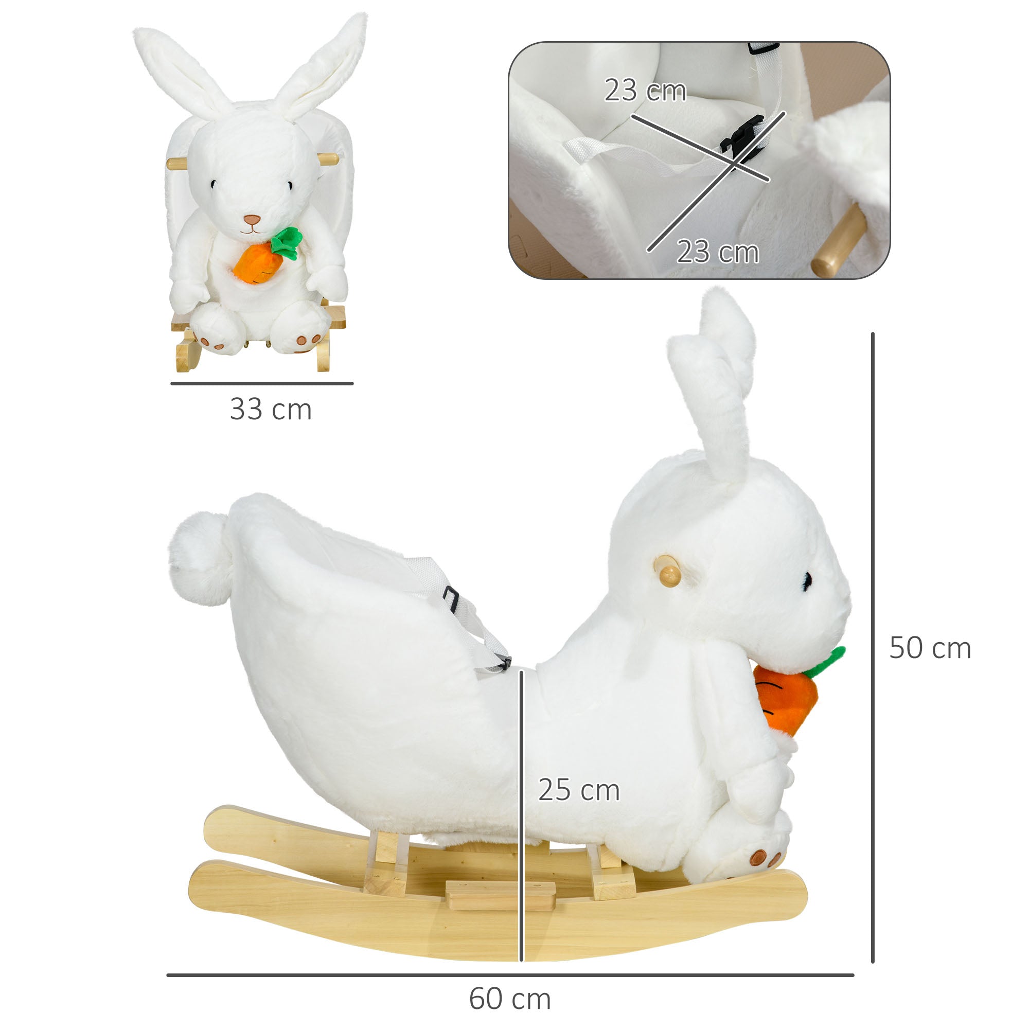 Animal Rocking Toy - Rabbit Model with Musical Function, Comfortable Seat with Safety Belt, Soft Short Plush, Poplar Wood 60 x 33 x 50 cm White