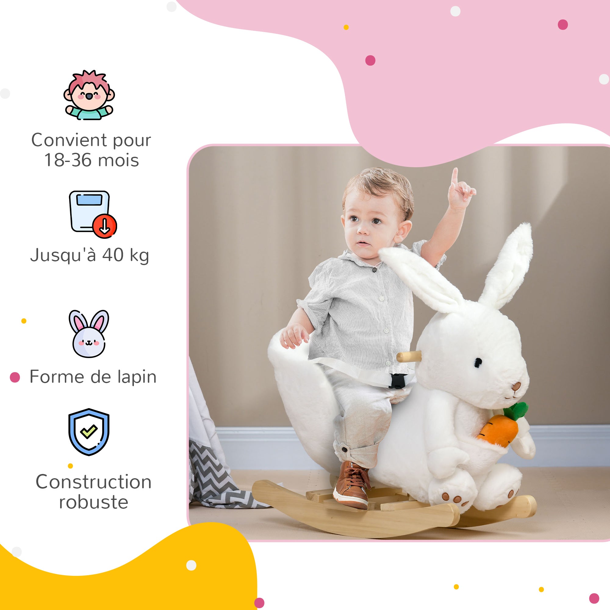 Animal Rocking Toy - Rabbit Model with Musical Function, Comfortable Seat with Safety Belt, Soft Short Plush, Poplar Wood 60 x 33 x 50 cm White
