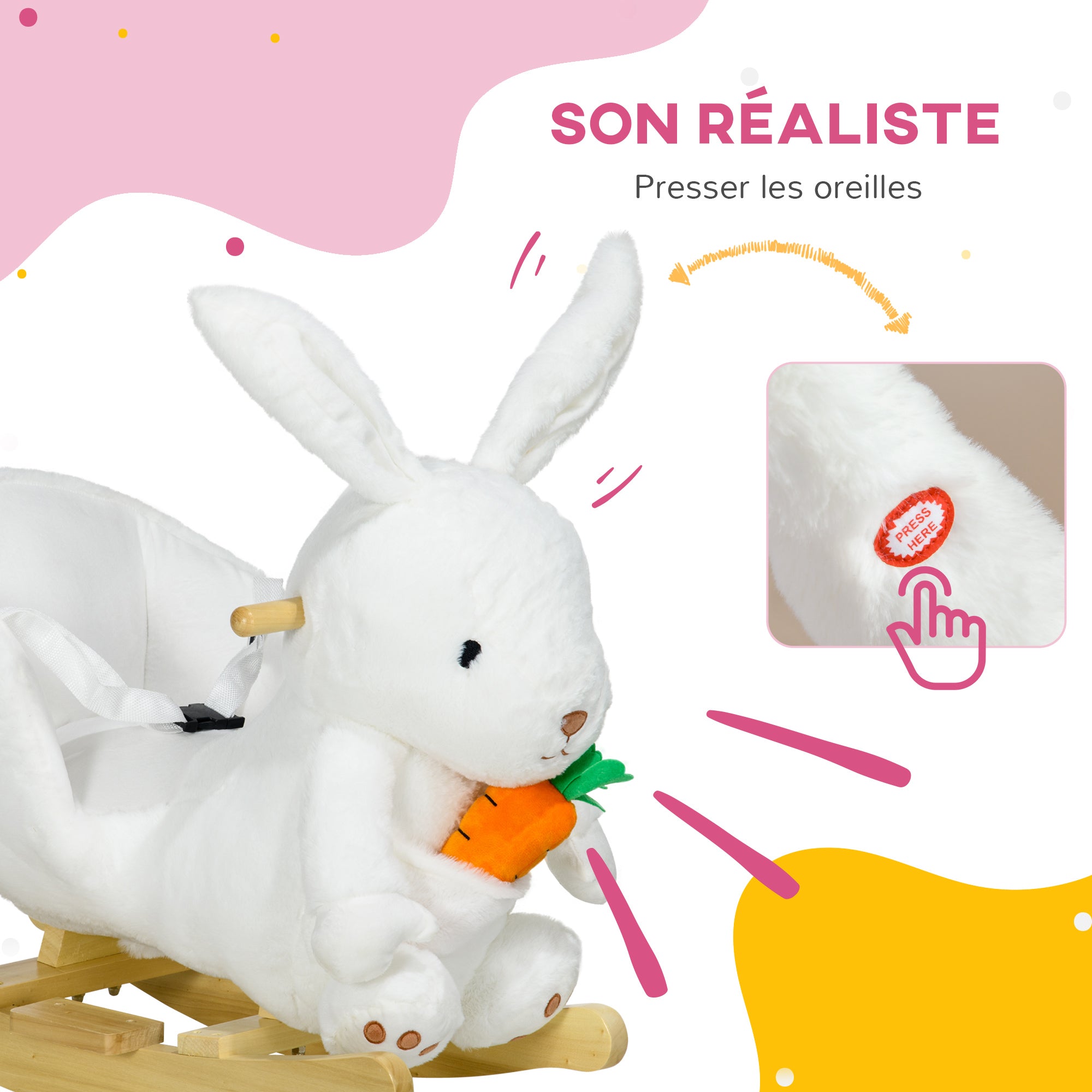 Animal Rocking Toy - Rabbit Model with Musical Function, Comfortable Seat with Safety Belt, Soft Short Plush, Poplar Wood 60 x 33 x 50 cm White
