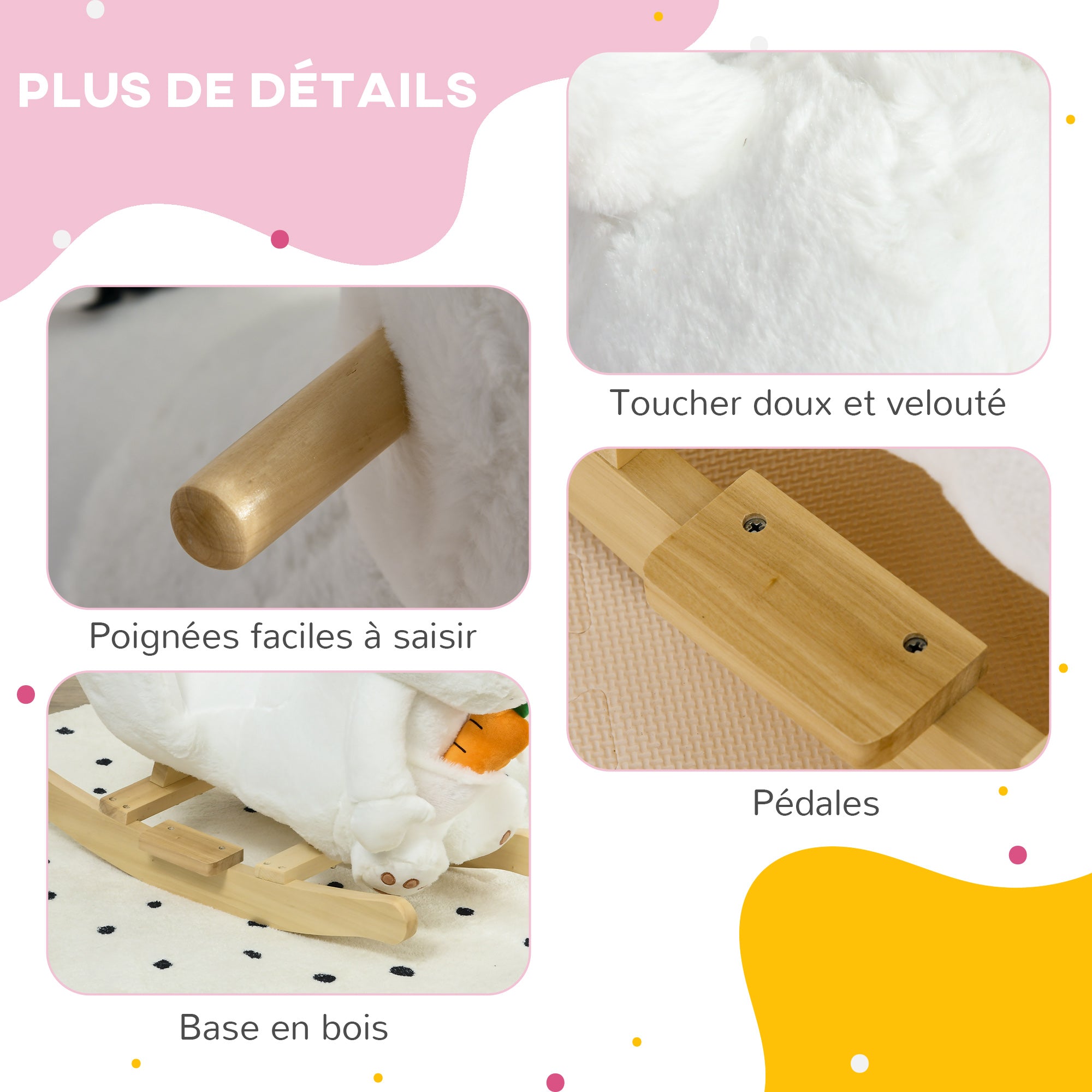 Animal Rocking Toy - Rabbit Model with Musical Function, Comfortable Seat with Safety Belt, Soft Short Plush, Poplar Wood 60 x 33 x 50 cm White