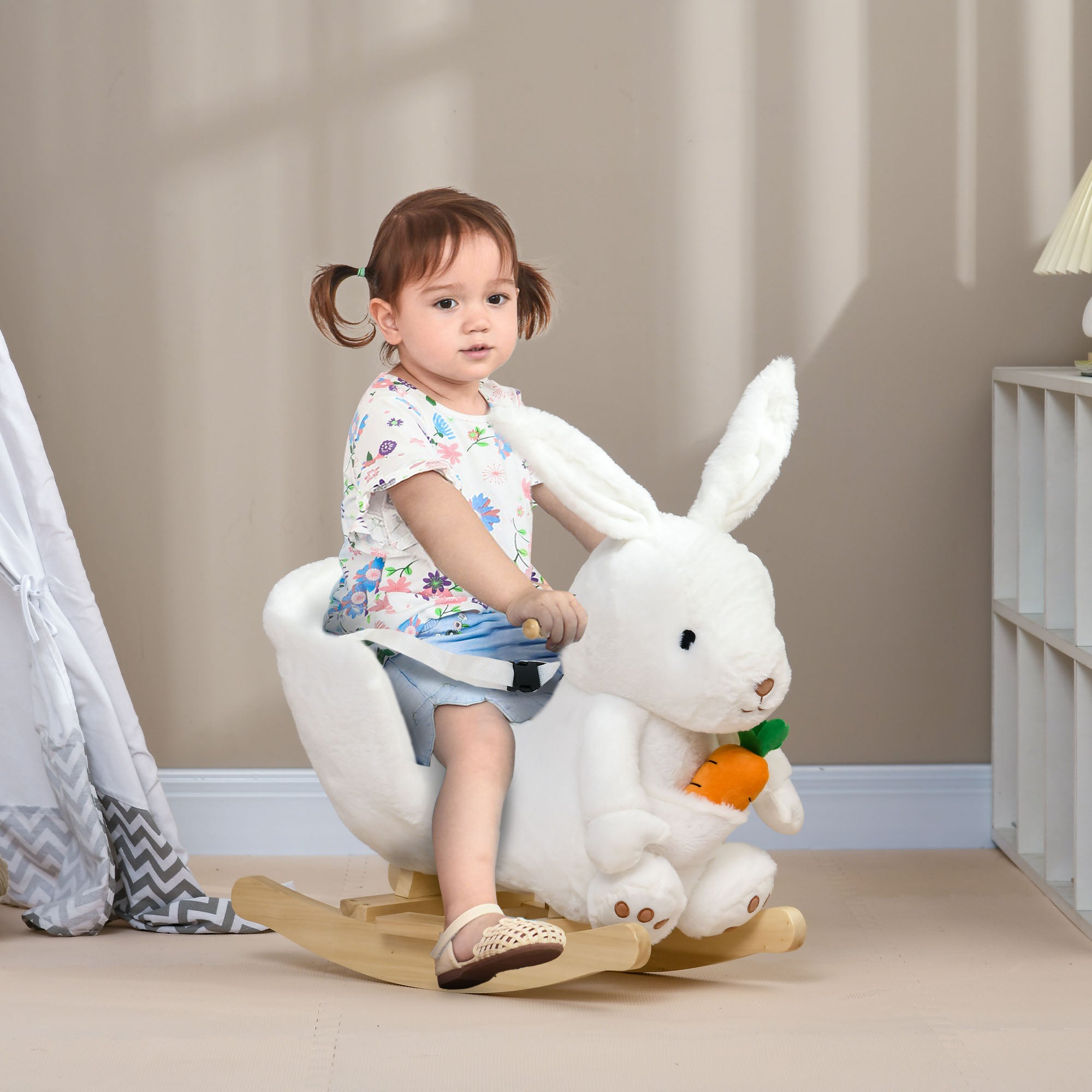 Animal Rocking Toy - Rabbit Model with Musical Function, Comfortable Seat with Safety Belt, Soft Short Plush, Poplar Wood 60 x 33 x 50 cm White