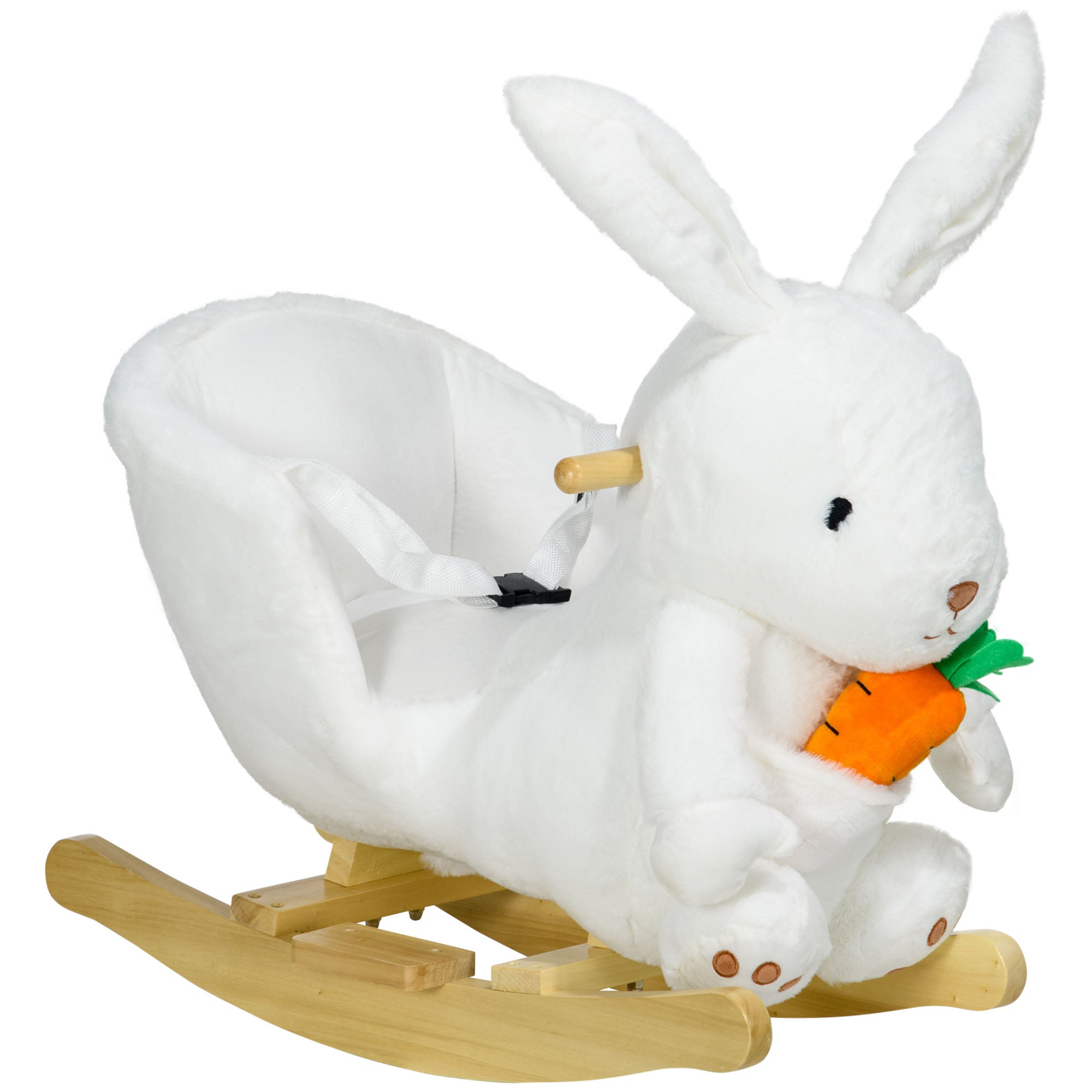 Animal Rocking Toy - Rabbit Model with Musical Function, Comfortable Seat with Safety Belt, Soft Short Plush, Poplar Wood 60 x 33 x 50 cm White