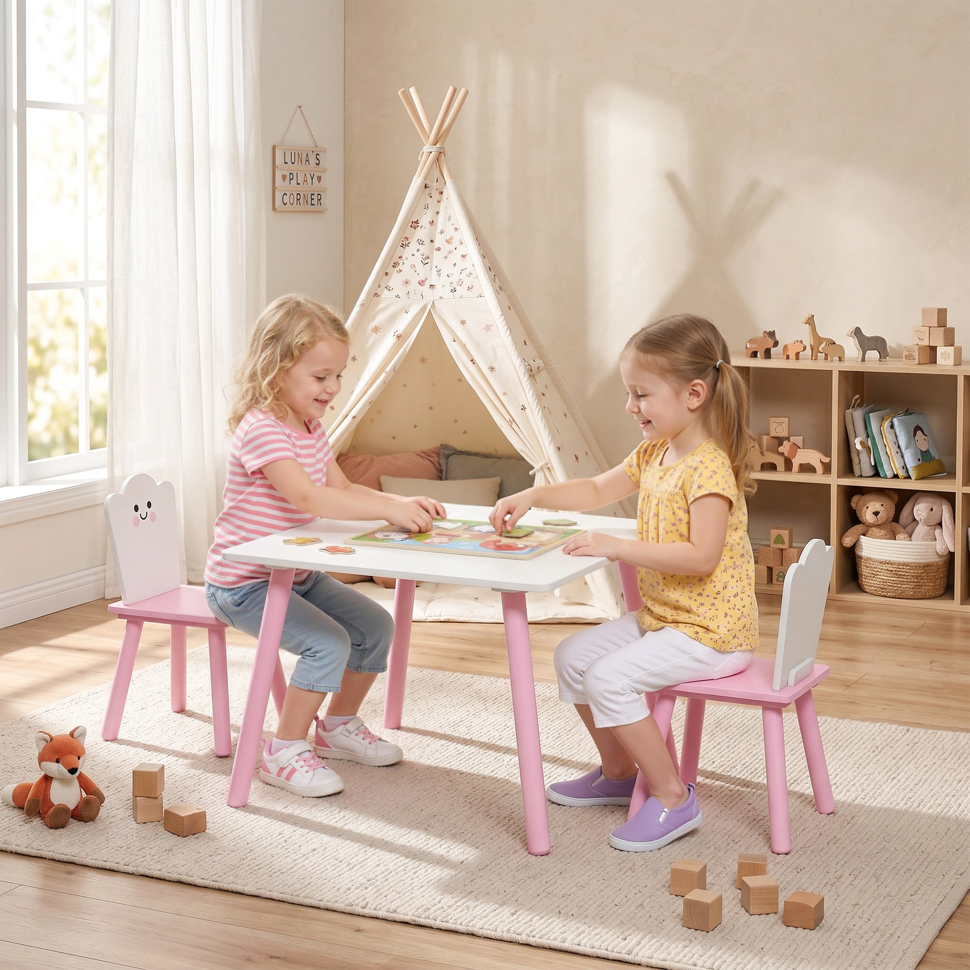 Kids Table with 2 Chairs — Wooden Activity Set for Drawing, Play & Study, Gift for Boys & Girls Ages 3–6, Pink