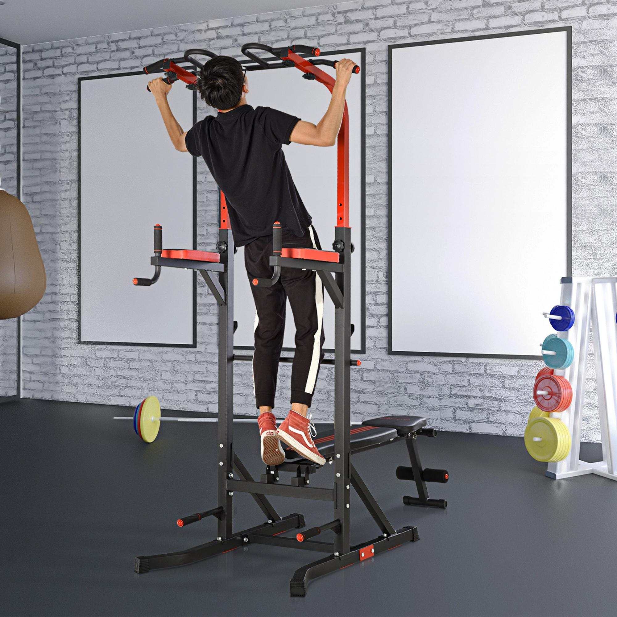 Workout Station Training Tower with Adjustable Height and 5-Position Reclining Backrest Chin-Up Fitness Bar Push-Ups Steel 108x178x202-238 cm Black