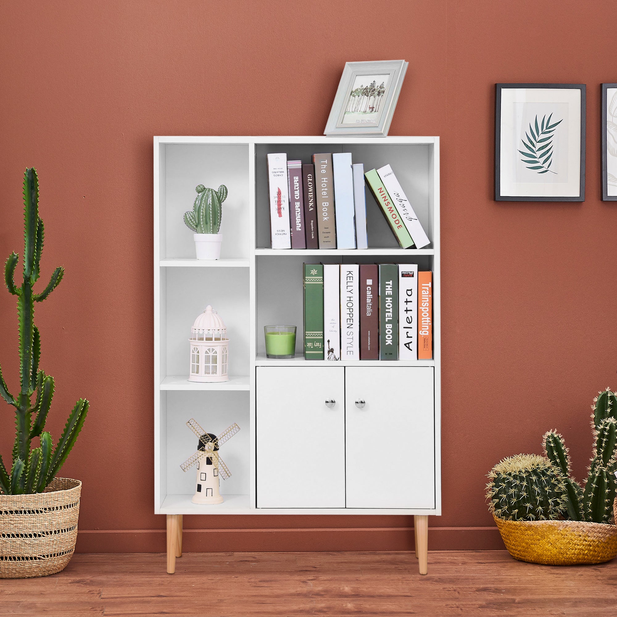Scandinavian Bookcase Storage Furniture dim. 80L x 23.5W x 123H cm 5 niches cupboard 2 doors tapered solid pine wood particle boards white