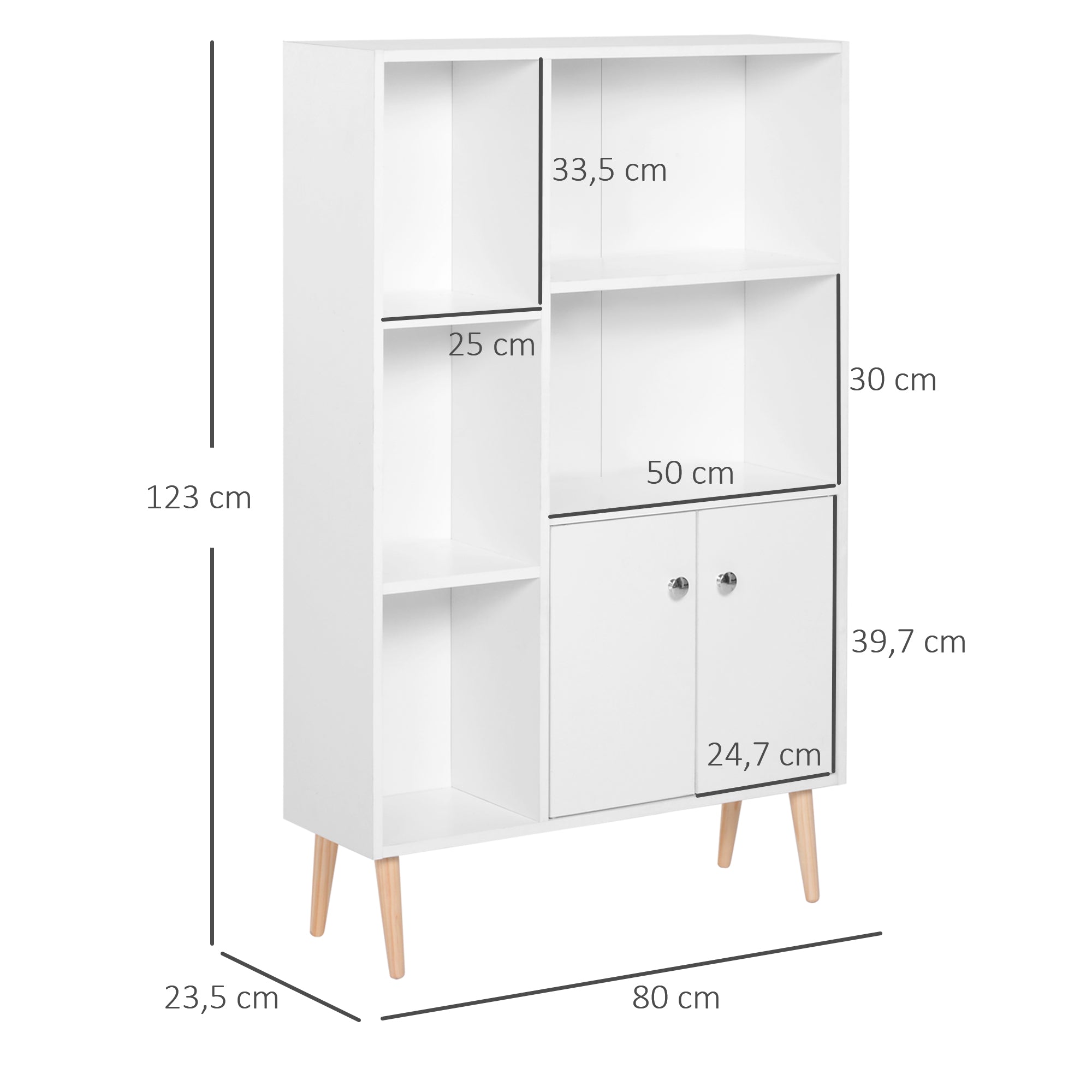 Scandinavian Bookcase Storage Furniture dim. 80L x 23.5W x 123H cm 5 niches cupboard 2 doors tapered solid pine wood particle boards white