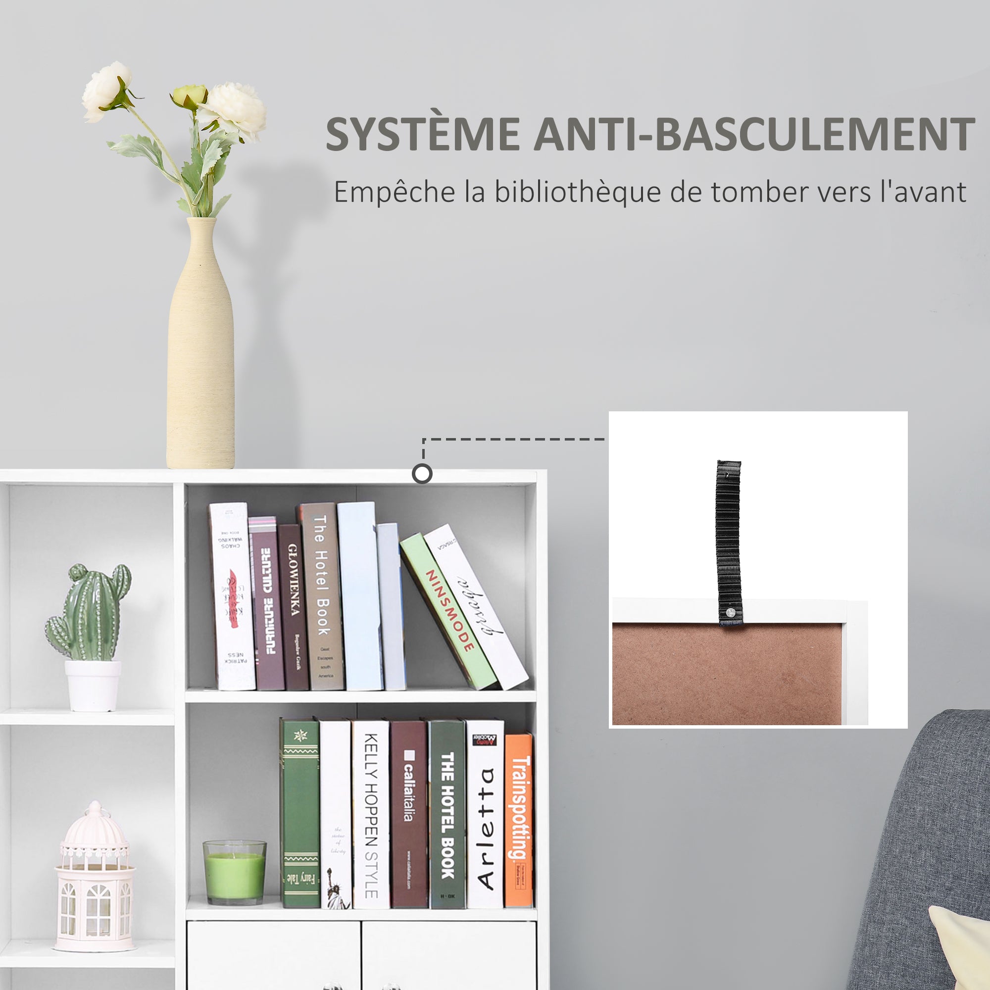 Scandinavian Bookcase Storage Furniture dim. 80L x 23.5W x 123H cm 5 niches cupboard 2 doors tapered solid pine wood particle boards white