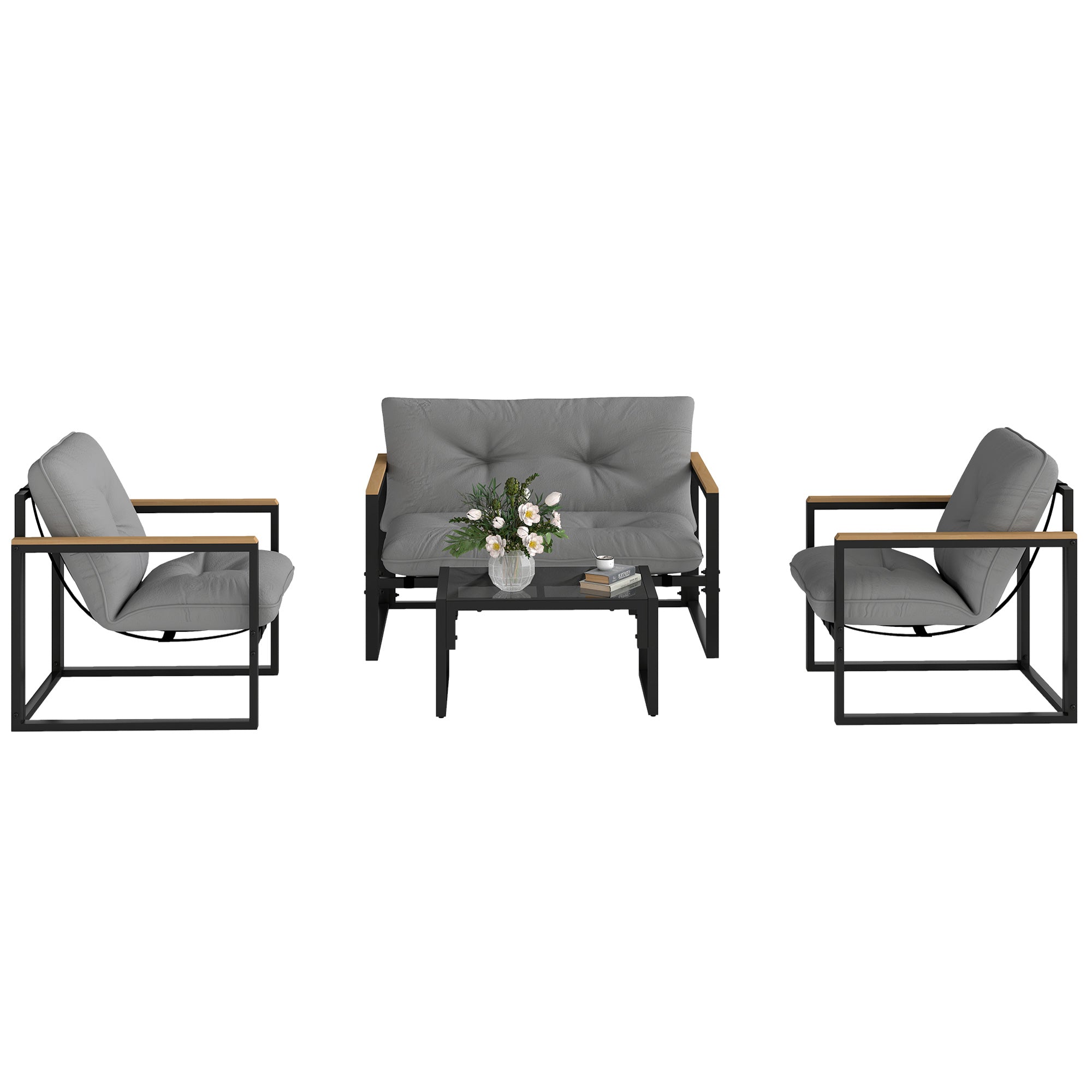 4-Piece Outdoor Garden Set Furniture with 2 Armchairs, 1 Two-Seater Sofa with Cushions, and Center Table with Tempered Glass Top in Gray and Black