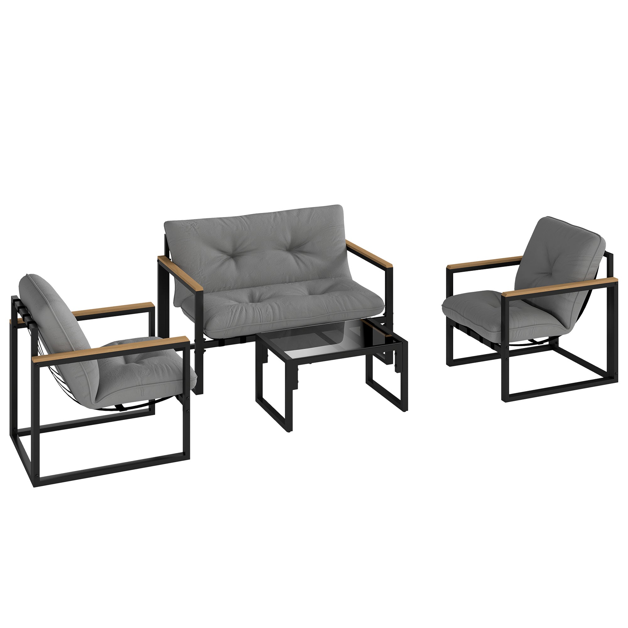 4-Piece Outdoor Garden Set Furniture with 2 Armchairs, 1 Two-Seater Sofa with Cushions, and Center Table with Tempered Glass Top in Gray and Black