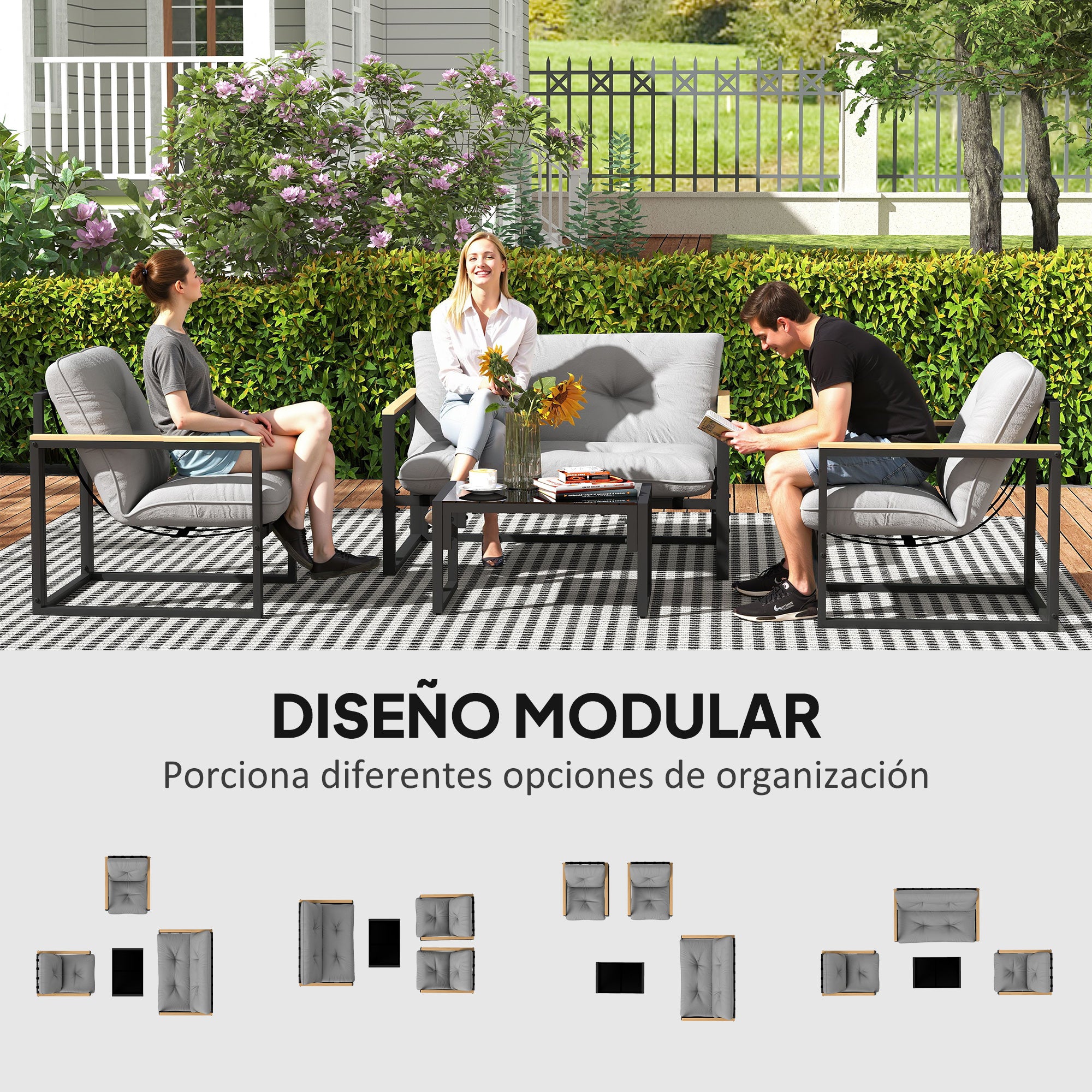 4-Piece Outdoor Garden Set Furniture with 2 Armchairs, 1 Two-Seater Sofa with Cushions, and Center Table with Tempered Glass Top in Gray and Black