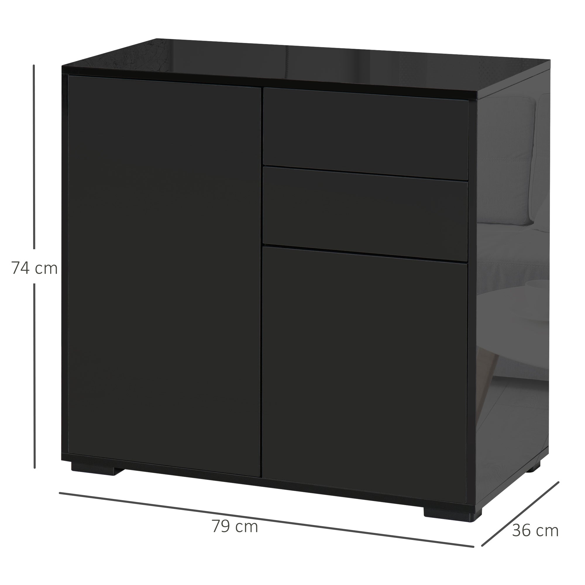 Cabinet with 2 Drawers and 2 Doors, Push-Open Design, Cabinet with 2 Drawers and 2 Doors for Home and Office, 79x36x74cm, Matte Black