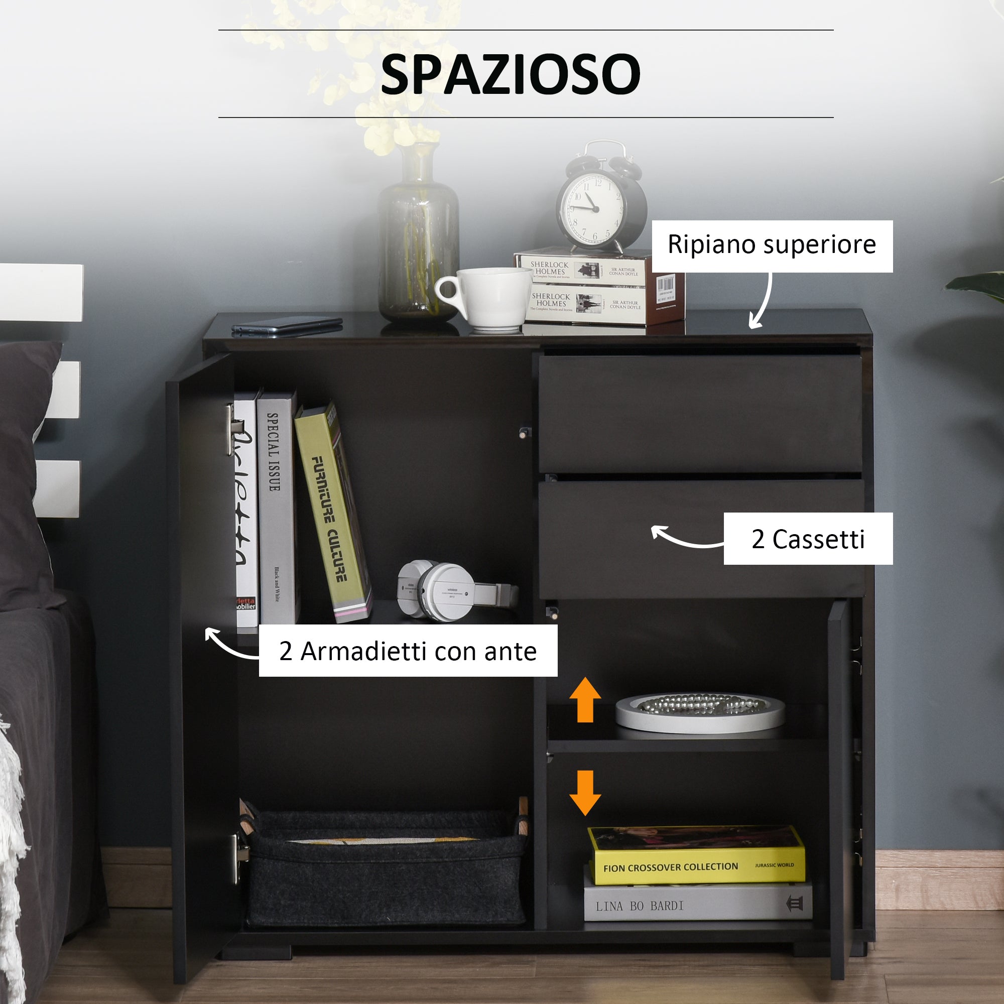Cabinet with 2 Drawers and 2 Doors, Push-Open Design, Cabinet with 2 Drawers and 2 Doors for Home and Office, 79x36x74cm, Matte Black