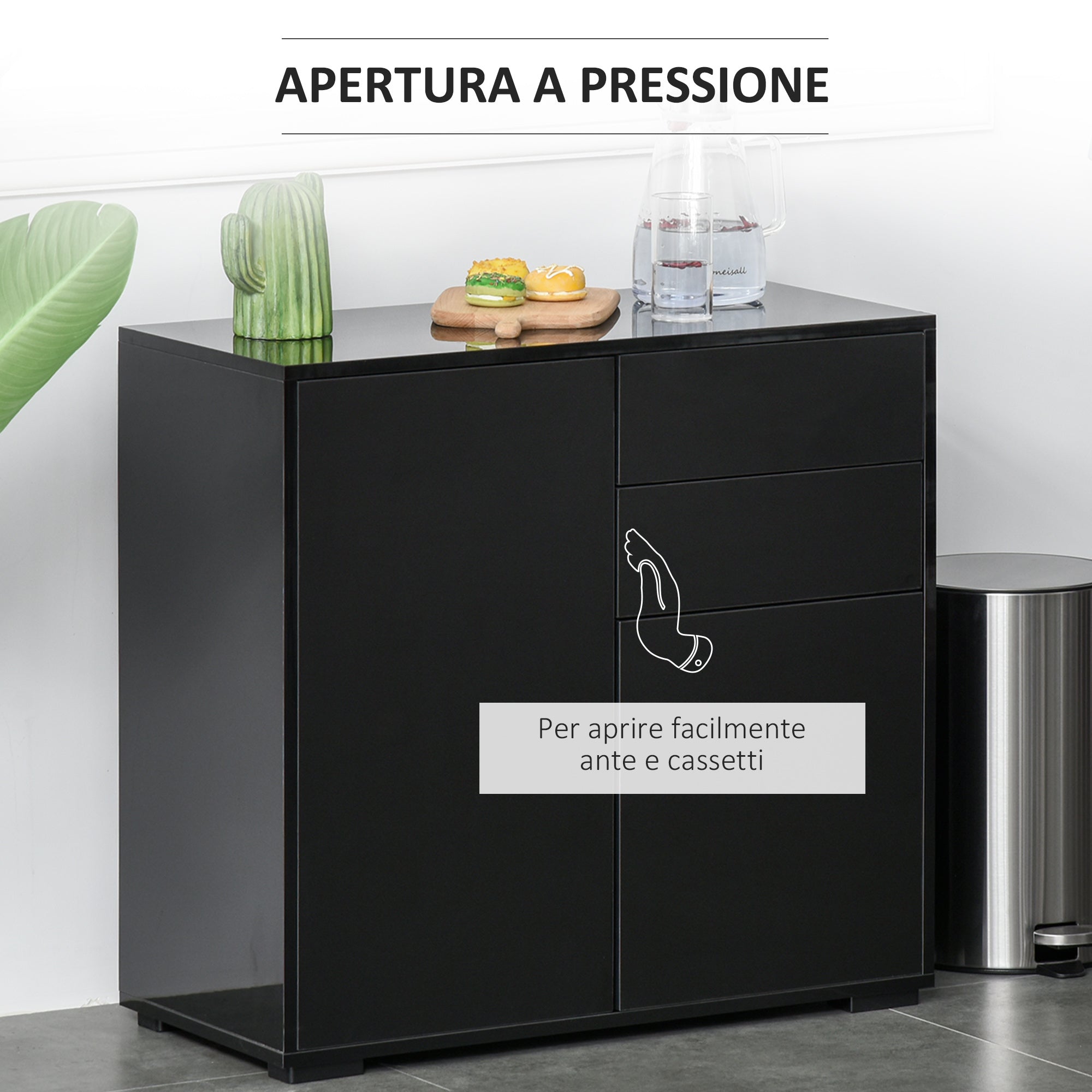 Cabinet with 2 Drawers and 2 Doors, Push-Open Design, Cabinet with 2 Drawers and 2 Doors for Home and Office, 79x36x74cm, Matte Black