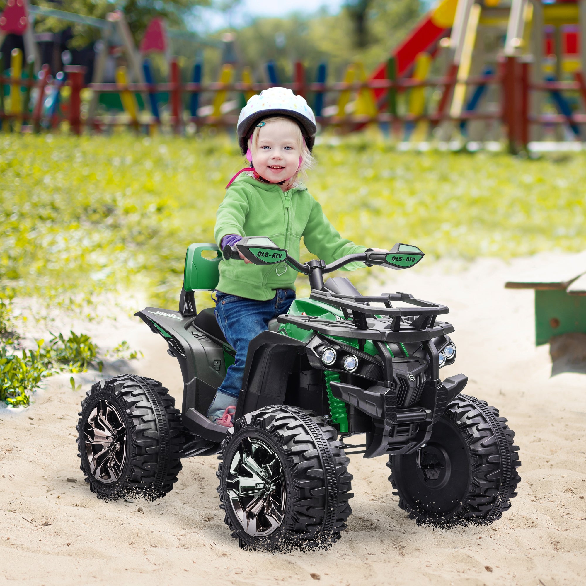 Electric Quad for Kids, 12V 10Ah Kids Quad with Forward, Reverse Function, 2 Motors, USB Connection, MP3 Music Player, Kids Vehicle with Headlights 3-8 km/h, for 3-5 Years, Green