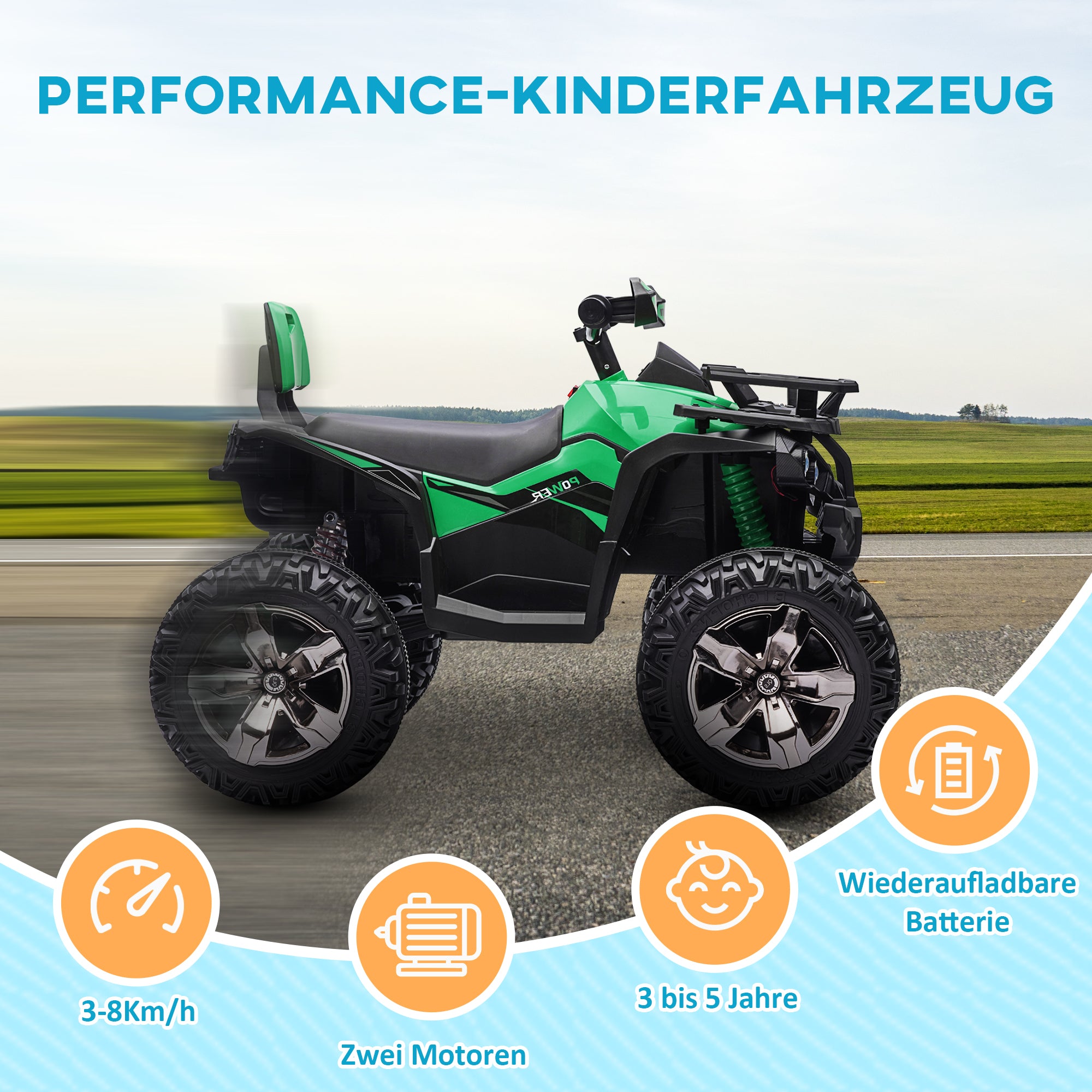 Electric Quad for Kids, 12V 10Ah Kids Quad with Forward, Reverse Function, 2 Motors, USB Connection, MP3 Music Player, Kids Vehicle with Headlights 3-8 km/h, for 3-5 Years, Green