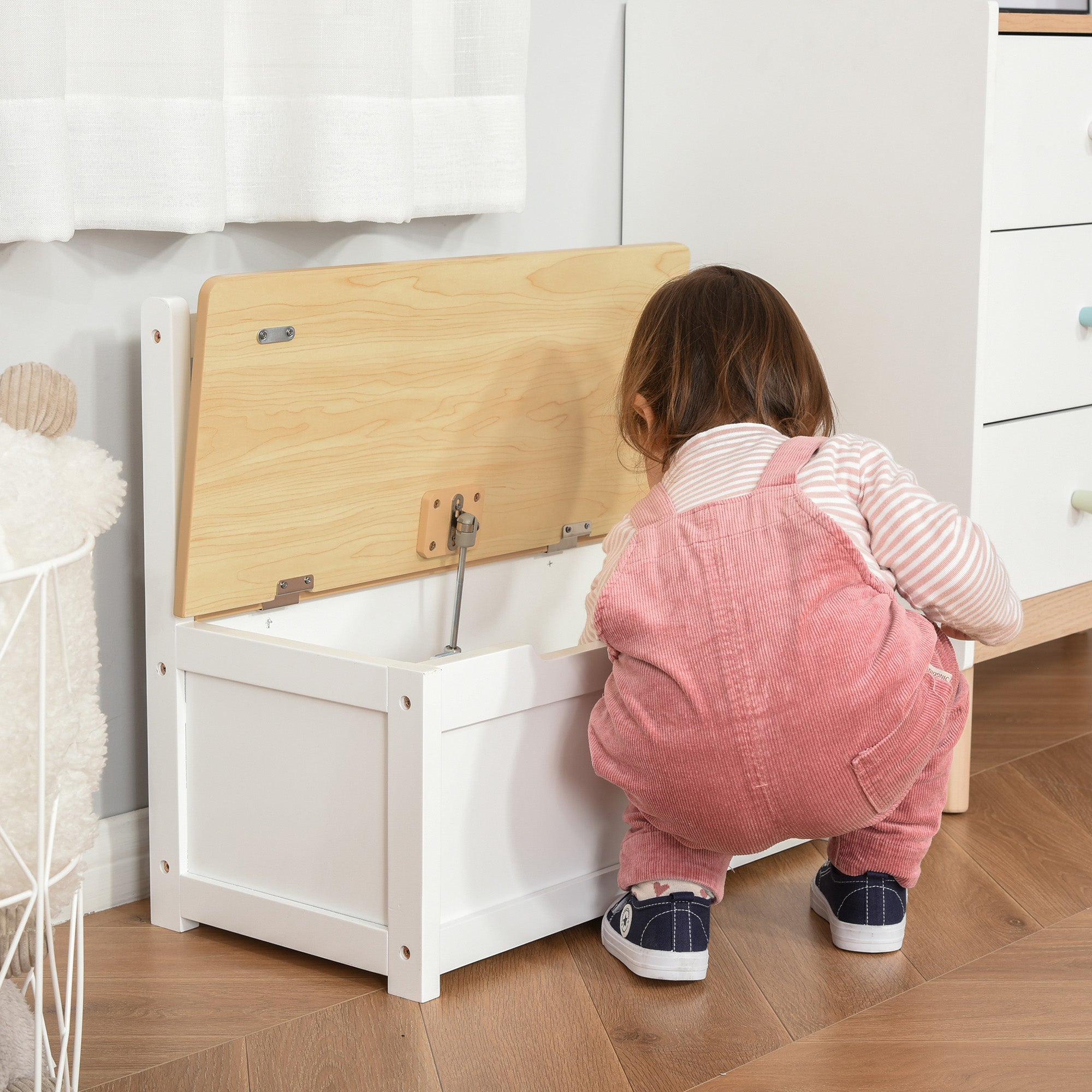 Toy Chest Storage Bench for Kids with Backrest and Cushioned Lid Load 40 kg for Playrooms Bedroom 60x30x50 cm White