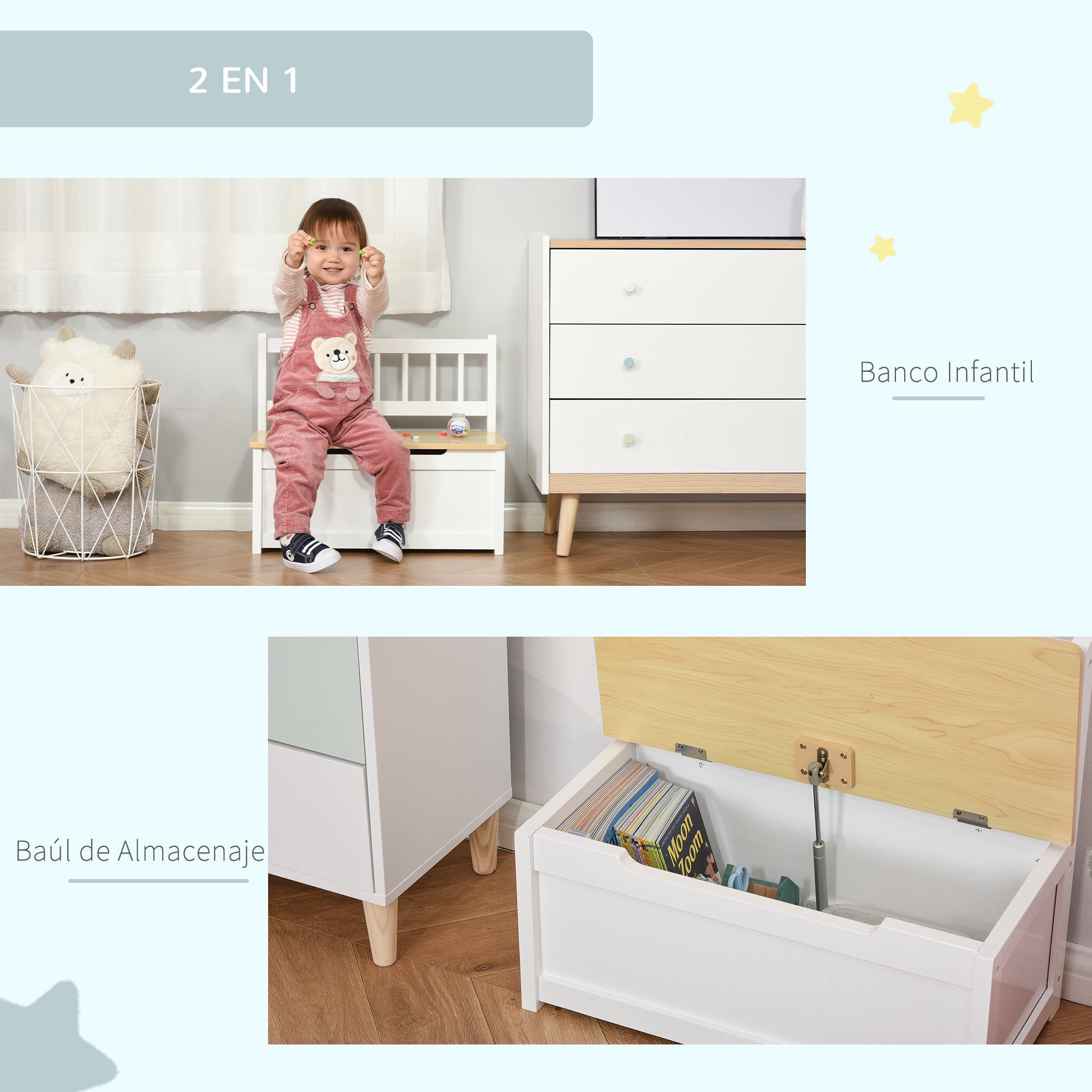 Toy Chest Storage Bench for Kids with Backrest and Cushioned Lid Load 40 kg for Playrooms Bedroom 60x30x50 cm White