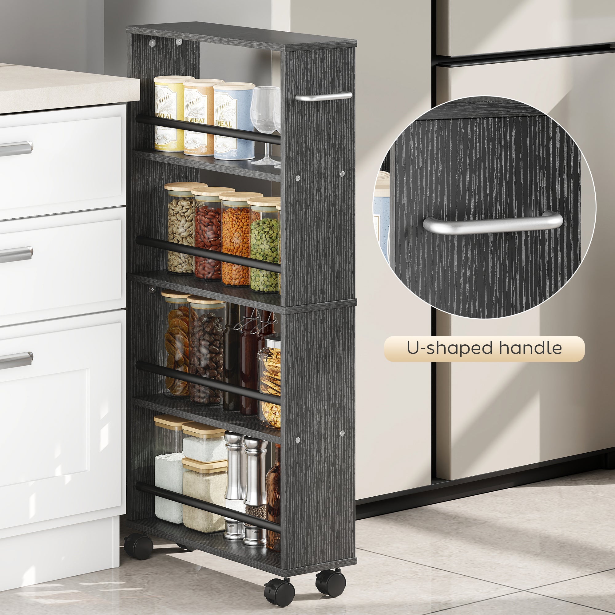 4-Tier Rolling Serving Cart with Handle and Brakes — Slim Utility Trolley for Kitchen, Office, Bathroom, Black