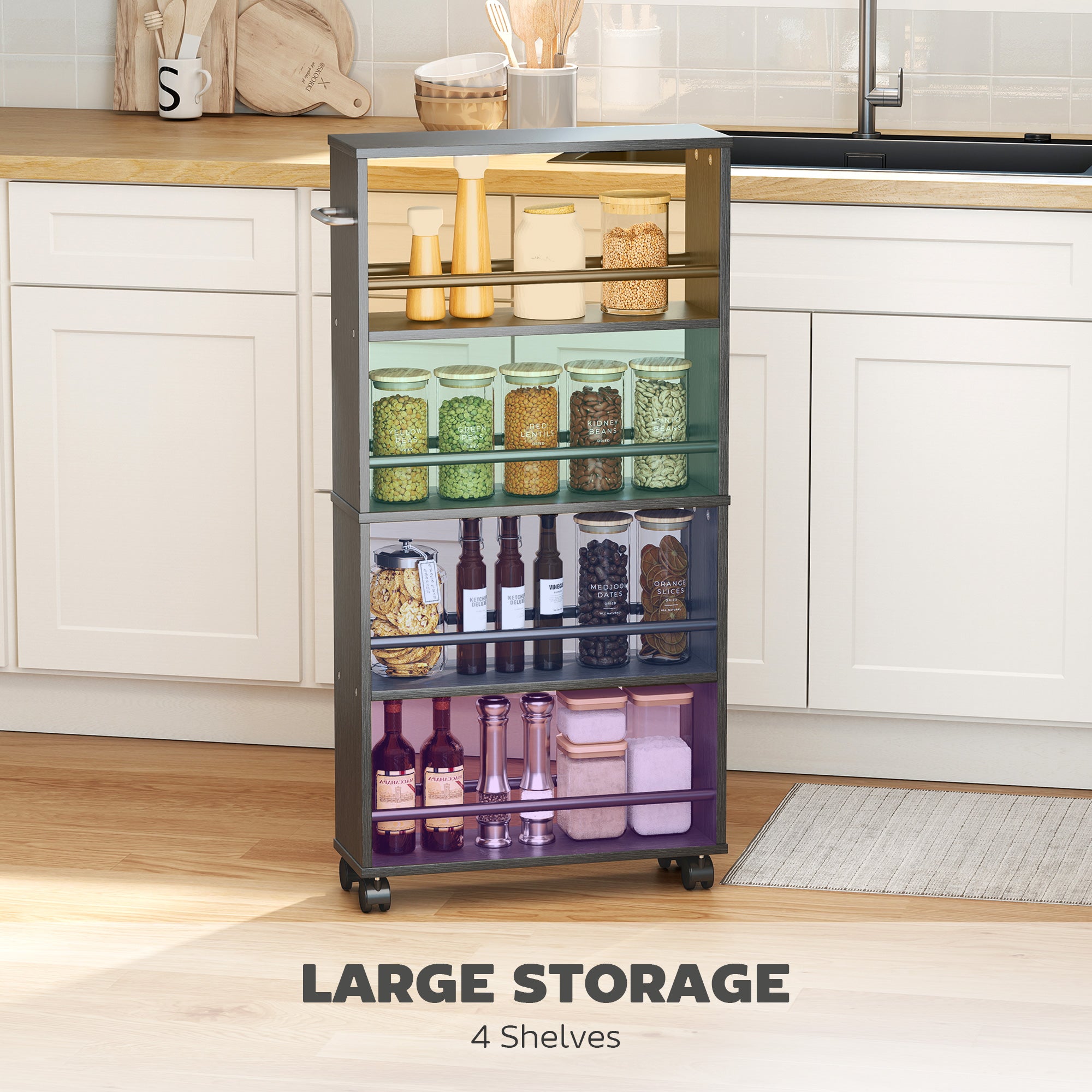 4-Tier Rolling Serving Cart with Handle and Brakes — Slim Utility Trolley for Kitchen, Office, Bathroom, Black