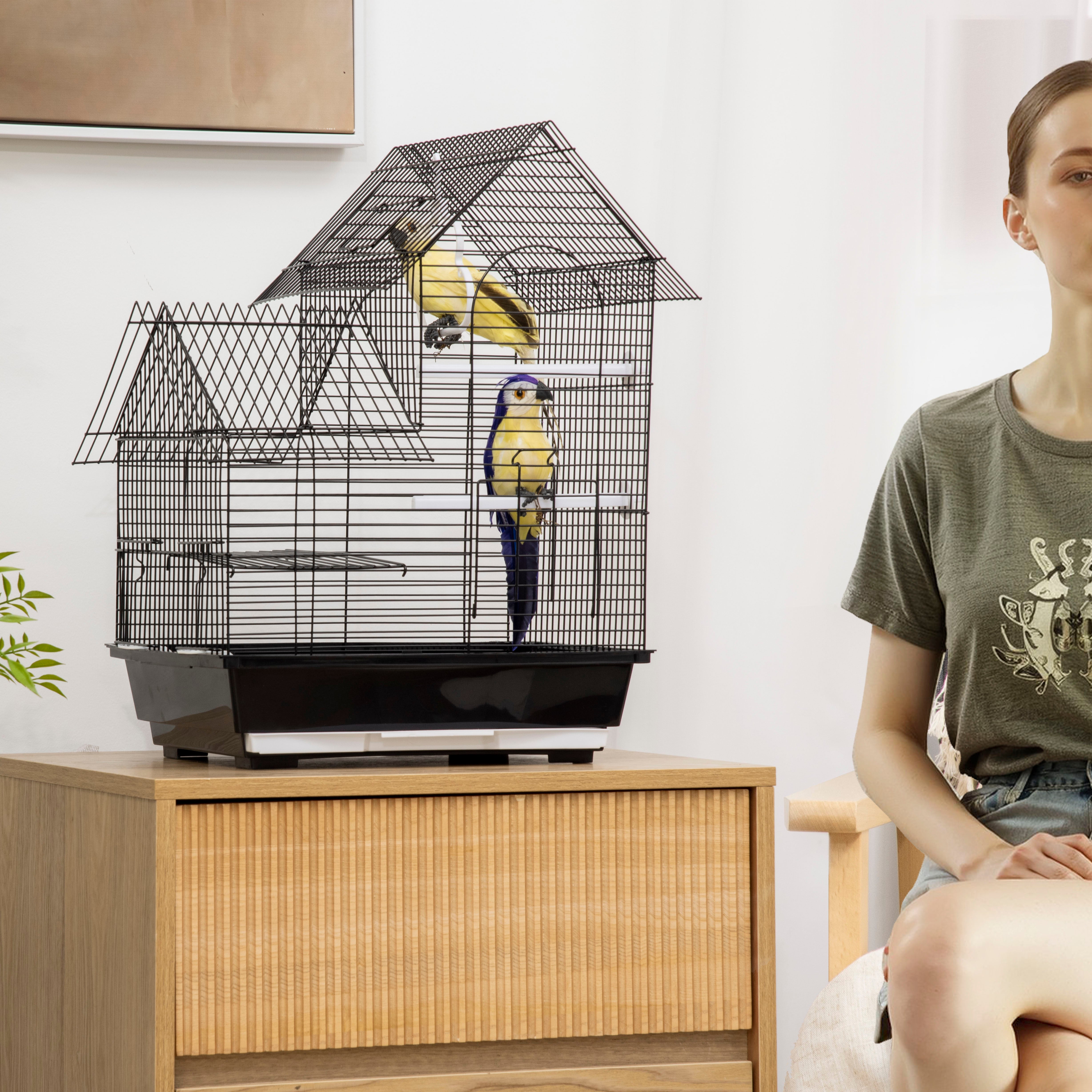 Bird Cage 39x33x47 cm Metal Birdhouse with 3 Doors 2 Feeders 2 Perches Swing Removable Tray and Transport Handle for Canaries Black