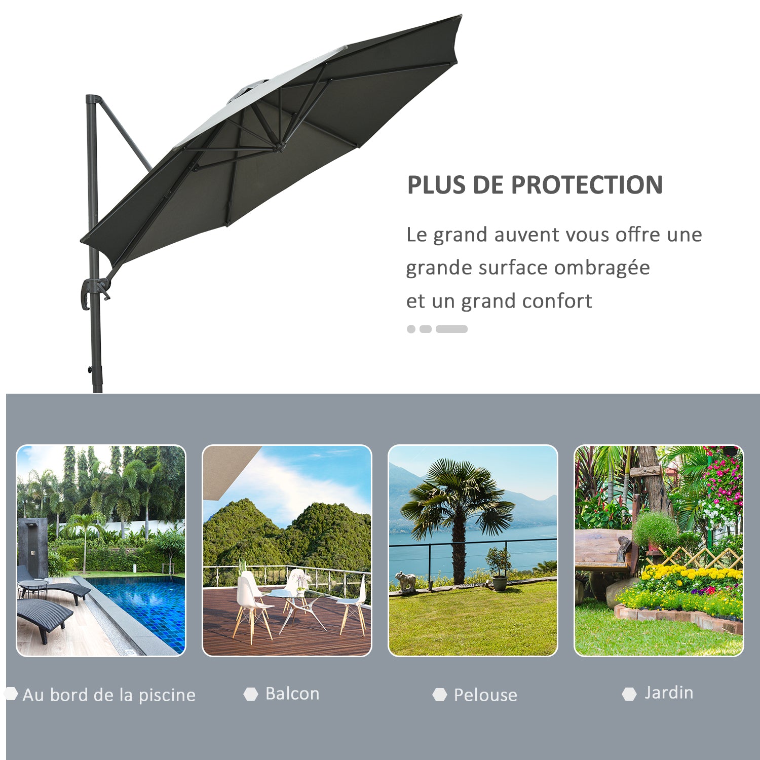 Octagonal Cantilever Tilted Patio Umbrella 360° Rotating with Cross Base and 8 Ribs Crank Handle Included Aluminum Steel Frame Ø 3 x 2.5H m Dark Gray