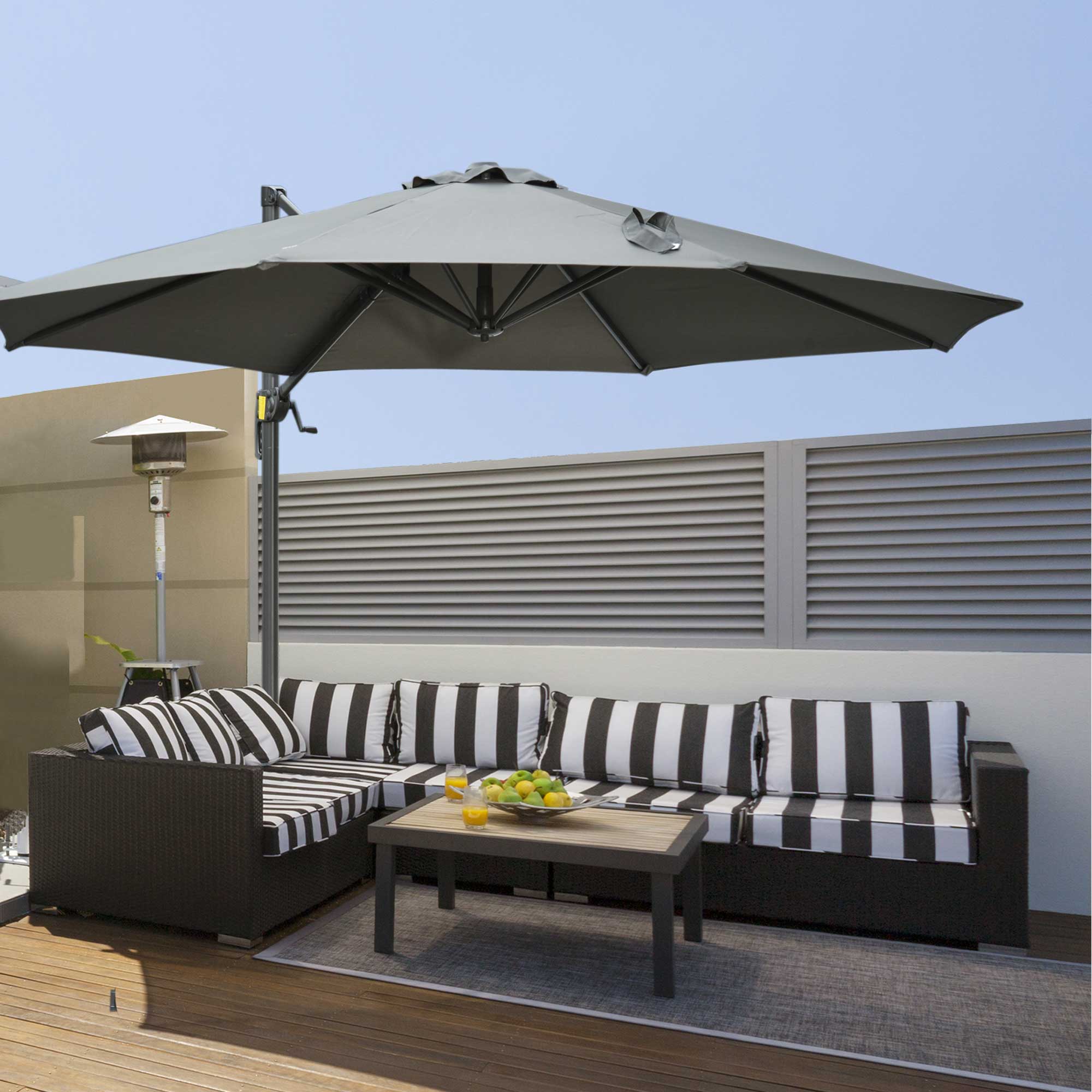 Octagonal Cantilever Tilted Patio Umbrella 360° Rotating with Cross Base and 8 Ribs Crank Handle Included Aluminum Steel Frame Ø 3 x 2.5H m Dark Gray