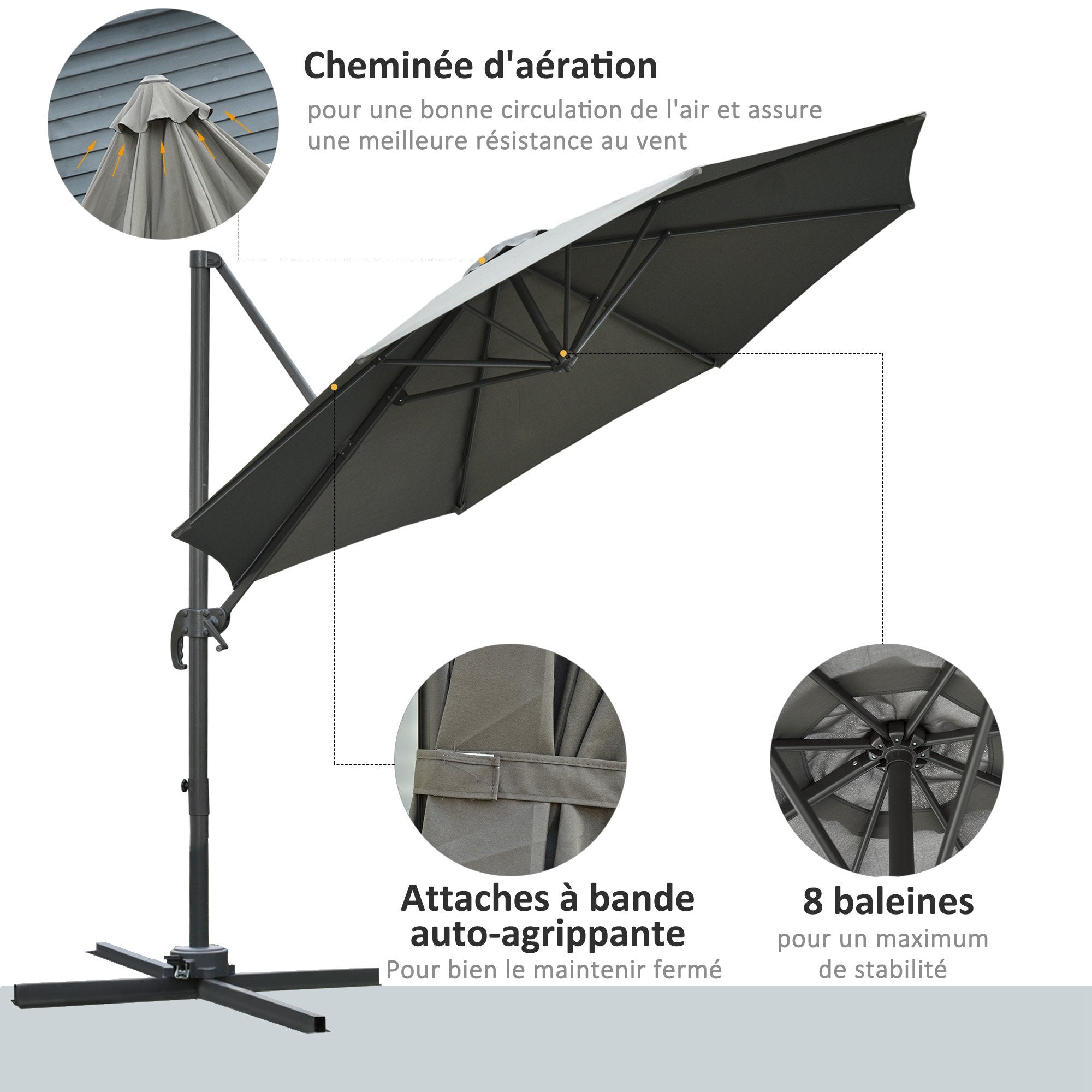 Octagonal Cantilever Tilted Patio Umbrella 360° Rotating with Cross Base and 8 Ribs Crank Handle Included Aluminum Steel Frame Ø 3 x 2.5H m Dark Gray