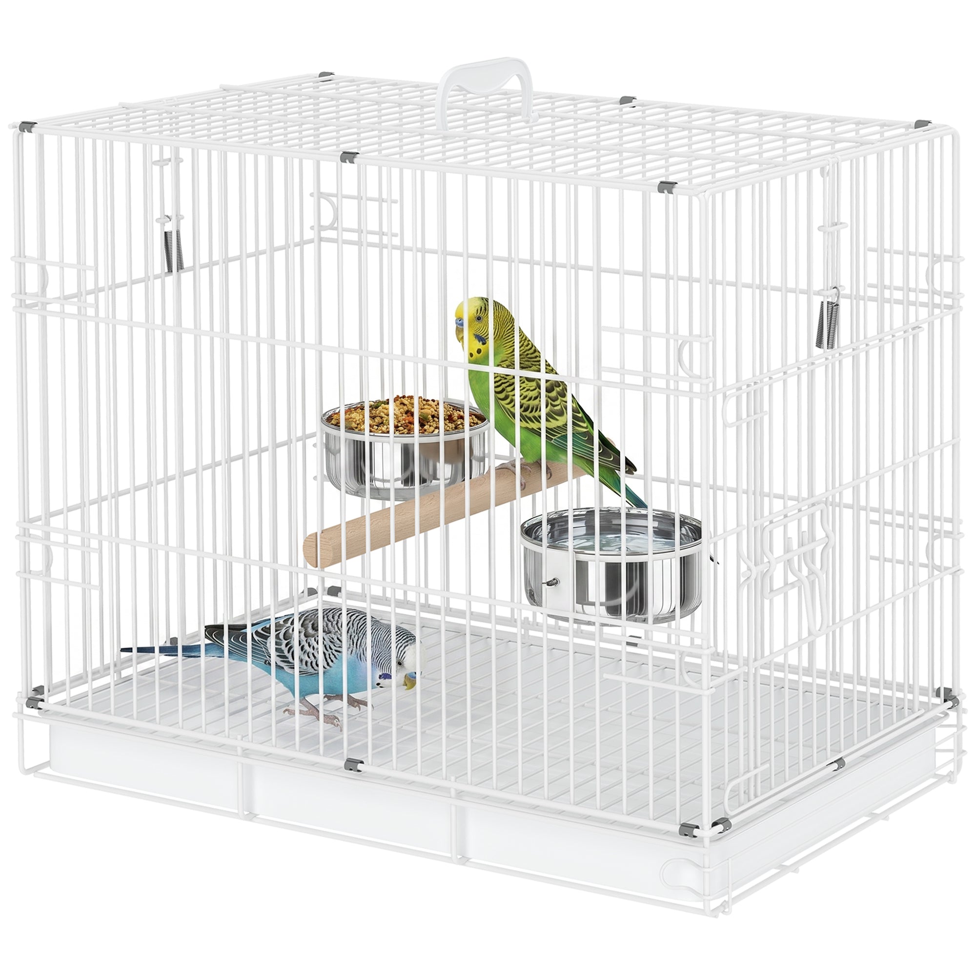 Collapsible Bird Cage with Wooden Perch, 2 Stainless Bowls & Carry Handle — Steel Cage with Removable Tray for Budgies & Cockatiels, White, 49 x 31 x 40 cm (19.3 x 12.2 x 15.7 in)