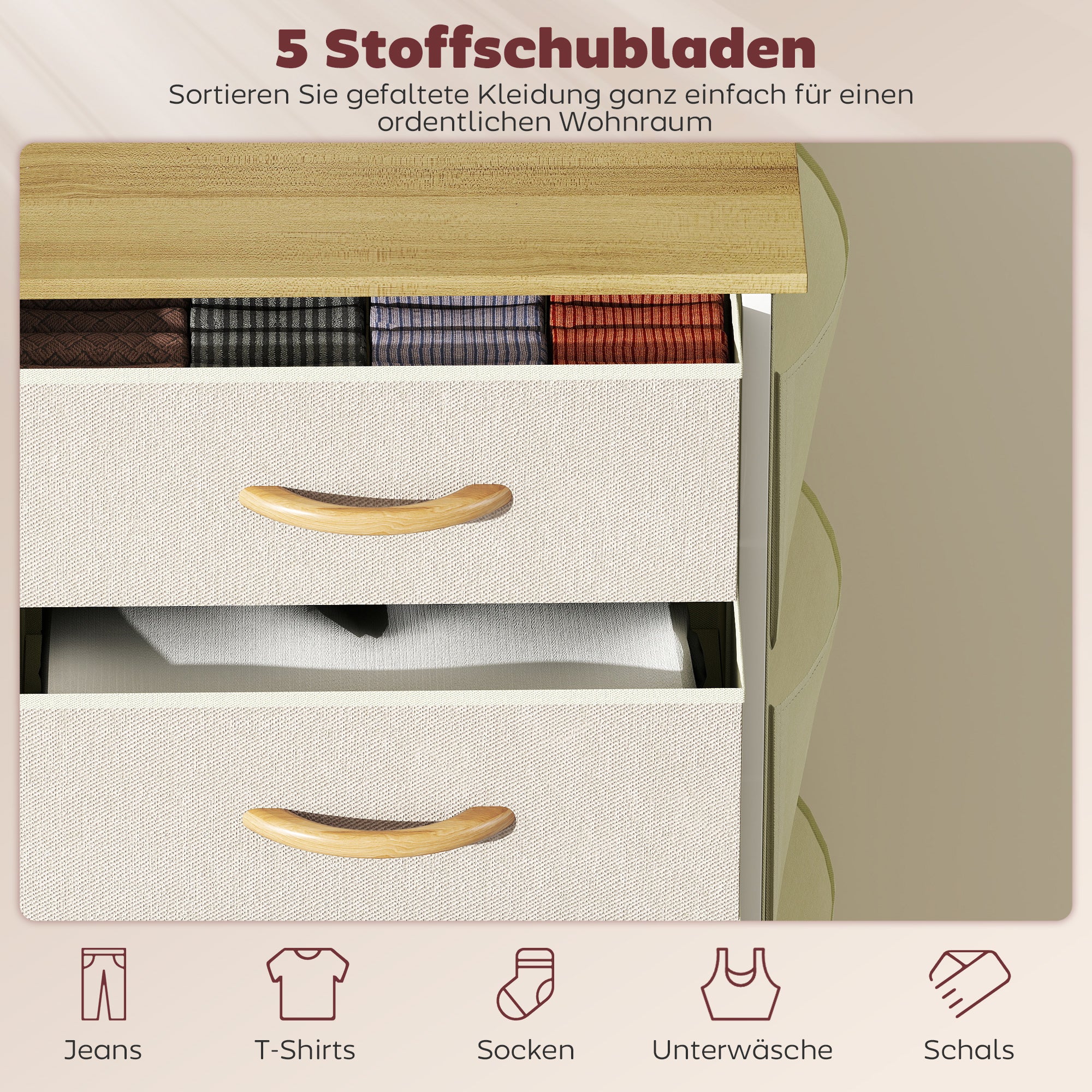 5-Drawer Fabric Dresser with Hooks & Side Pockets, Steel Frame – Beige