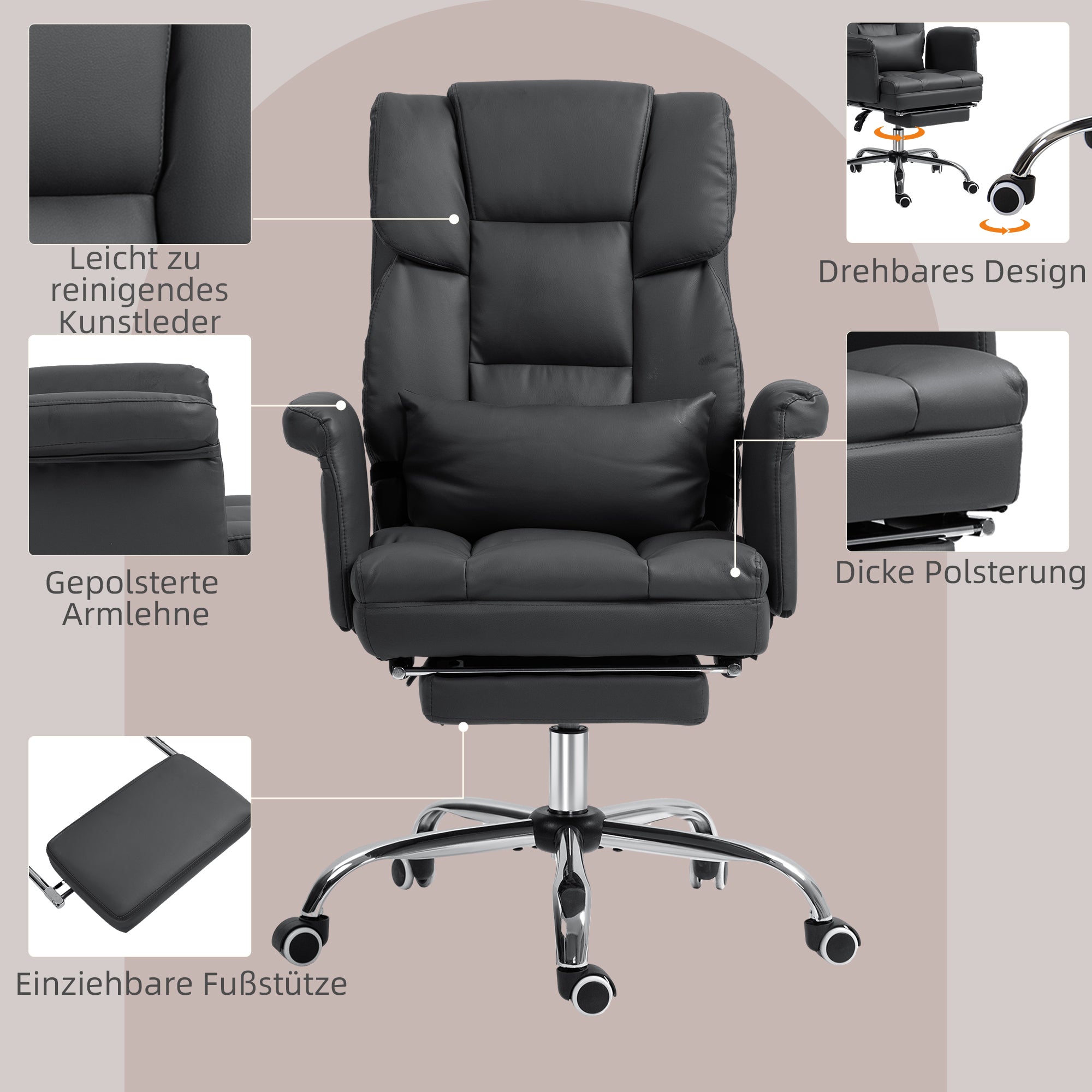 Office Chair, Ergonomic Desk Chair with Reclining Function, Lumbar Cushion, Height Adjustable Computer Chair with Footrest, Swivel Function, for Home Office, Faux Leather, Black