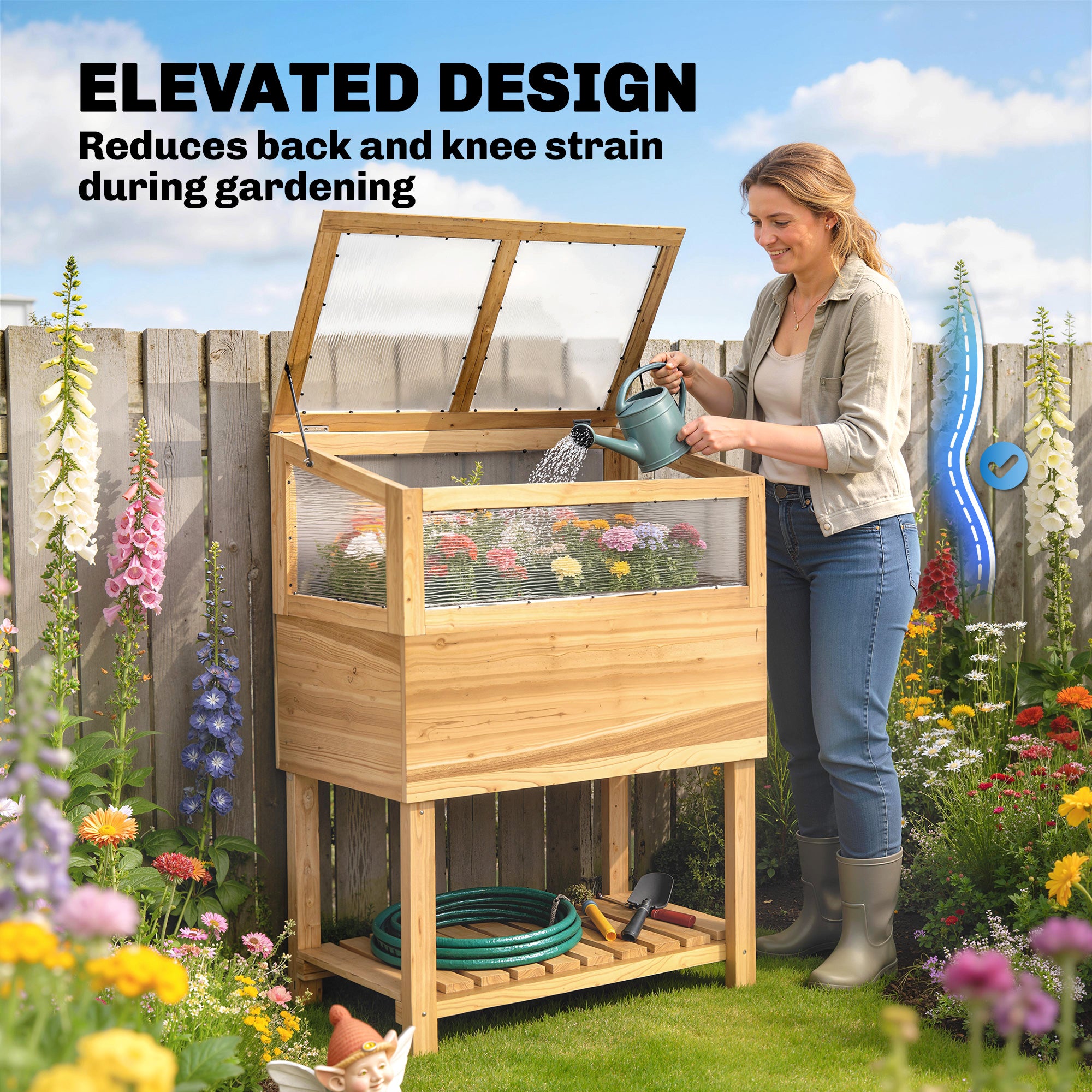 Raised Wooden Planter with Cold Frame – Elevated Garden Bed with Hinged Cover & Storage Shelf, Ergonomic Flower/Vegetable Bed for Garden & Balcony, 31.5 x 17.7 x 42.7 in (80 x 45 x 108.5 cm), Natural Wood